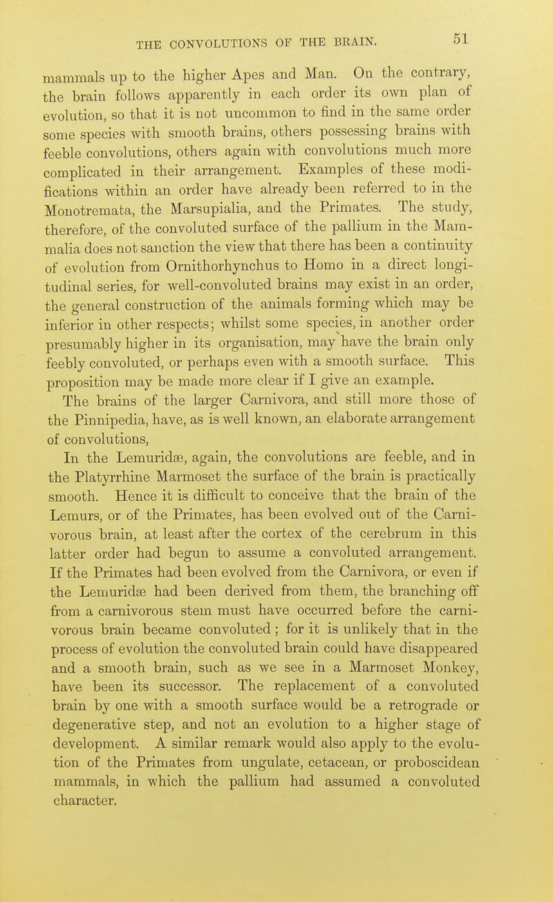 mammals up to the higher Apes and Man. On the contrary, the brain follows apparently in each order its own plan of evolution, so that it is not uncommon to find in the same order some species with smooth brains, others possessing brains with feeble convolutions, others again with convolutions much more complicated in their arrangement. Examples of these modi- fications within an order have already been referred to in the Monotremata, the Marsupialia, and the Primates. The study, therefore, of the convoluted surface of the pallium in the Mam- malia does not sanction the view that there has been a continuity of evolution from Ornithorhynchus to Homo in a direct longi- tudinal series, for well-convoluted brains may exist in an order, the general construction of the animals forming which may be inferior in other respects; whilst some species, in another order presumably higher in its organisation, may have the brain only feebly convoluted, or perhaps even with a smooth surface. This proposition may be made more clear if I give an example. The brains of the larger Carnivora, and still more those of the Pinnipedia, have, as is well known, an elaborate arrangement of convolutions, In the Lemuridse, again, the convolutions are feeble, and in the Platyrrhine Marmoset the surface of the brain is practically smooth. Hence it is difficult to conceive that the brain of the Lemurs, or of the Primates, has been evolved out of the Carni- vorous brain, at least after the cortex of the cerebrum in this latter order had begun to assume a convoluted arrangement. If the Primates had been evolved from the Carnivora, or even if the Lemuridse had been derived from them, the branching off from a carnivorous stem must have occurred before the carni- vorous brain became convoluted ; for it is unlikely that in the process of evolution the convoluted brain could have disappeared and a smooth brain, such as we see in a Marmoset Monkey, have been its successor. The replacement of a convoluted brain by one with a smooth surface would be a retrograde or degenerative step, and not an evolution to a higher stage of development. A similar remark would also apply to the evolu- tion of the Primates from ungulate, cetacean, or proboscidean mammals, in which the pallium had assumed a convoluted character.
