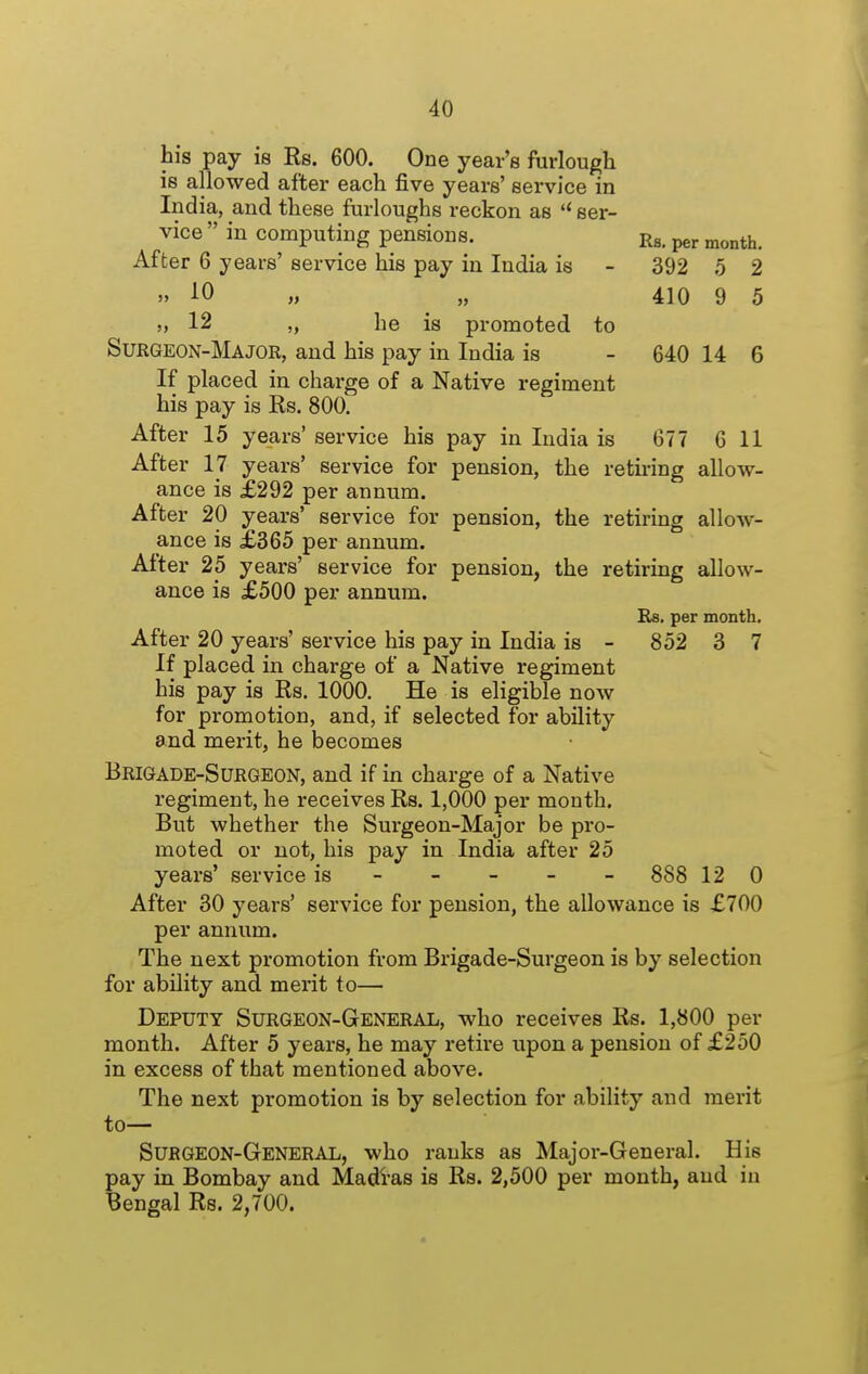 his pay is Ks. 600. One year's furlough is allowed after each five years' service in India, and these furloughs reckon as ser- vice in computing pensions. rs. per month. After 6 years' service his pay in India is - 392 5 2 » AO „ „ 410 9 5 he is promoted to Surgeon-Major, and his pay in India is - 640 14 6 If placed in charge of a Native regiment his pay is Rs. 800. After 15 years' service his pay in India is 677 6 11 After 17 years' service for pension, the retiring allow- ance is £292 per annum. After 20 years' service for pension, the retiring allow- ance is £365 per annum. After 25 years' service for pension, the retiring allow- ance is £500 per annum. Bs. per month. After 20 years' service his pay in India is - 852 3 7 If placed in charge of a Native regiment his pay is Rs. 1000. He is eligible now for promotion, and, if selected for ability and merit, he becomes Brigade-Surgeon, and if in charge of a Native regiment, he receives Rs. 1,000 per month. But whether the Surgeon-Major be pro- moted or not, his pay in India after 25 years' service is - - - - - 888 12 0 After 30 years' service for pension, the allowance is £700 per annum. The next promotion from Brigade-Surgeon is by selection for ability and mei'it to— Deputy Surgeon-General, who receives Rs. 1,800 per month. After 5 years, he may retire upon a pension of £250 in excess of that mentioned above. The next promotion is by selection for ability and merit to— Surgeon-General, who ranks as Major-General. His pay in Bombay and Madras is Rs. 2,500 per month, and in Bengal Rs. 2,700.