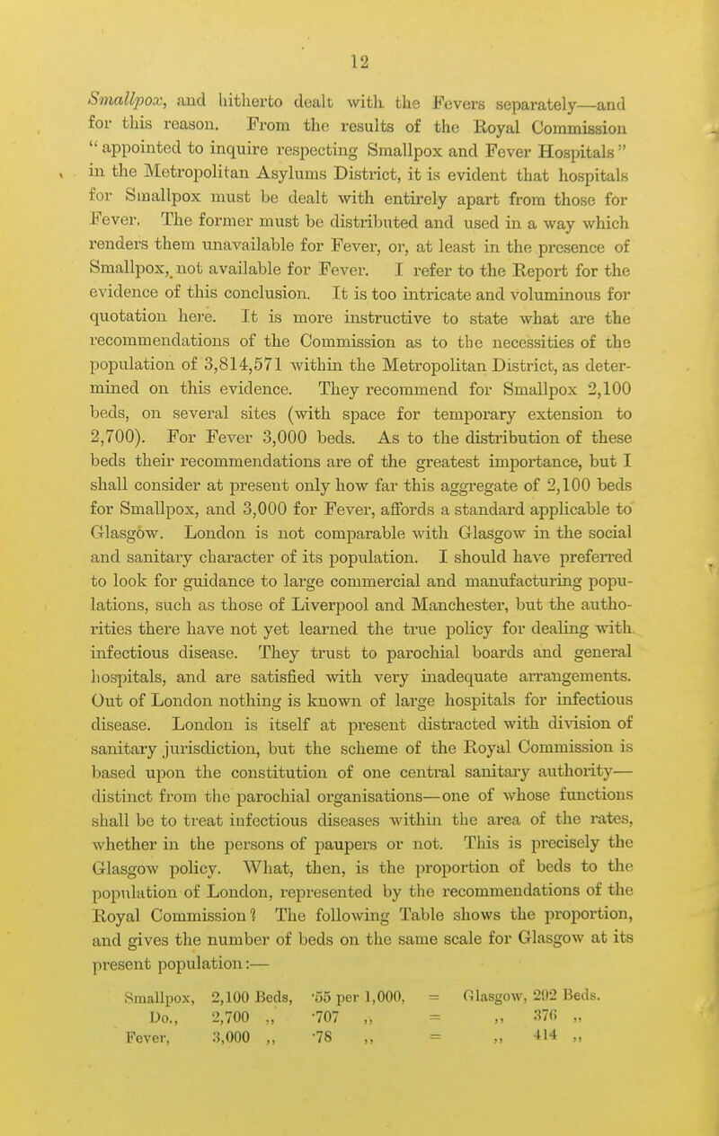 Smallpox, aud hitherto dealt with the Fevers separately—and for this reason. From the results of the Royal Commission  appointed to inquire respecting Smallpox and Fever Hospitals  in the Metropolitan Asylums District, it is evident that hospitals for Smallpox must be dealt with entirely apart from those for Fever. The former must be distributed and used in a way which renders them unavailable for Fever, or, at least in the presence of Smallpox,_ not available for Fever. I refer to the Report for the evidence of this conclusion. It is too intricate and voluminous for quotation here. It is more instructive to state what are the recommendations of the Commission as to the necessities of the population of 3,814,571 within the Metropolitan District, as deter- mined on this evidence. They recommend for Smallpox 2,100 beds, on several sites (with space for temporary extension to 2,700). For Fever 3,000 beds. As to the distribution of these beds their recommendations are of the greatest importance, but I shall consider at present only how far this aggregate of 2,100 beds for Smallpox, and 3,000 for Fever, affords a standai-d applicable to Glasgow. London is not comparable with Glasgow in the social and sanitary character of its population. I should have preferred to look for guidance to large commercial and manufacturing popu- lations, such as those of Liverpool and Manchester, but the autho- rities there have not yet learned the true policy for dealing with, infectious disease. They trust to parochial boards and general hosjiitals, and are satisfied with very inadequate aiTaiigements. Out of London nothing is known of large hospitals for infectious disease. London is itself at present distracted with division of sanitary jurisdiction, but the scheme of the Royal Commission is based upon the constitution of one central sanitary authority— distinct from the parochial organisations—one of whose functions shall be to treat infectious diseases within the area of the rates, whether in the persons of paupers or not. This is precisely the Glasgow policy. What, then, is the proportion of beds to the population of London, represented by the recommendations of the Royal Commission? The following Table shows the proportion, and gives the number of beds on the same scale for Glasgow at its present population:— Smallpox, 2,100 Beds, -55 per 1,000, = Glasgow, 292 Beds. Do., 2,700 „ -707 = „ 37(; Fever, S.OOO „ -78 „ = „ -^H „