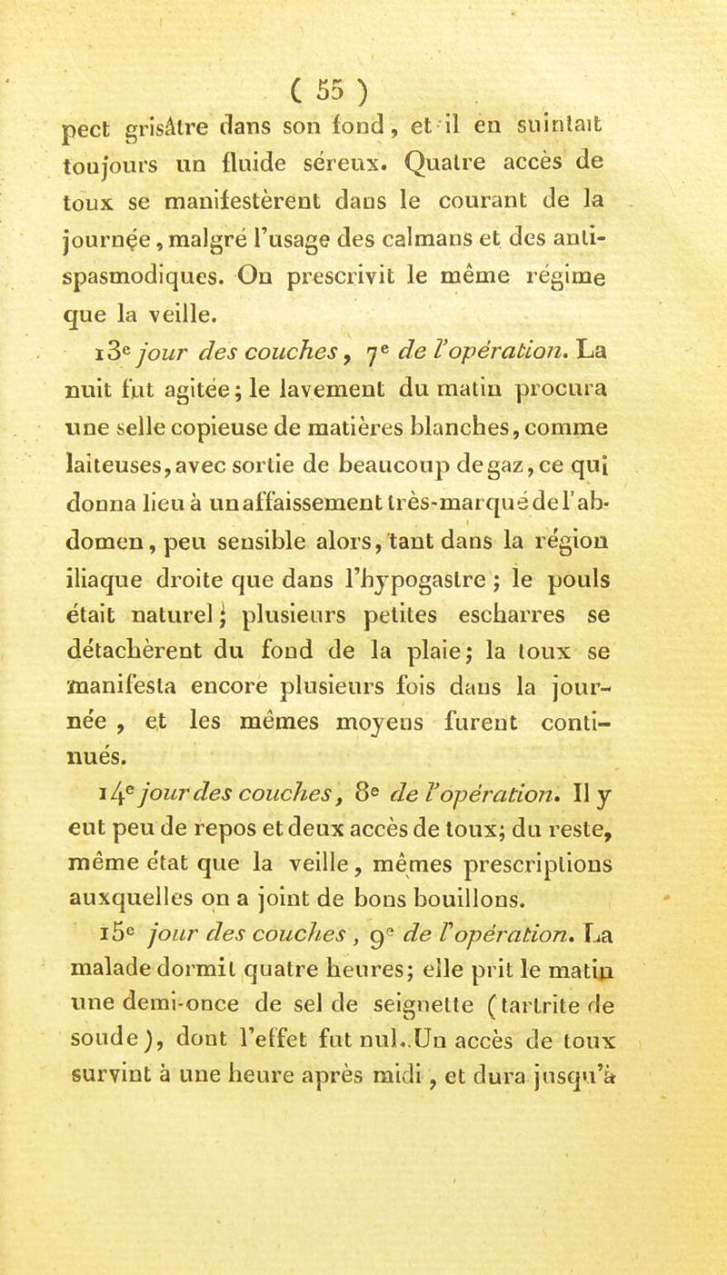 pect grisâtre dans son fond, et il en suintait toujours un fluide séreux. Quatre accès de toux se manifestèrent dans le courant de la journçe, malgré l'usage des caïmans et des anti- spasmodiques. On prescrivit le même régime que la veille. r3e jour des couches, 7 e de l'opération. La nuit fut agitée ; le lavement du matin procura une selle copieuse de matières blanches, comme laiteuses, avec sortie de beaucoup de gaz, ce qui donna lieu à un affaissement très-marqué de l'ab- domen, peu sensible alors, tant dans la région iliaque droite que dans Fhypogaslre ; le pouls était nature] \ plusieurs petites escharres se détachèrent du fond de la plaie; la toux se manifesta encore plusieurs fois dans la jour- née , et les mêmes moyens furent conti- nués. 14e jour des couches, 8e de l'opération. Il y eut peu de repos et deux accès de toux; du reste, même état que la veille, mêmes prescriptions auxquelles on a joint de bons bouillons. i5e jour des couches , 9* de Topération. La malade dormit quatre heures; elle prit le matin une demi-once de sel de seignette (tartritede soude), dont l'effet fut nul..Un accès de toux survint à une heure après midi, et dura jusqu'à