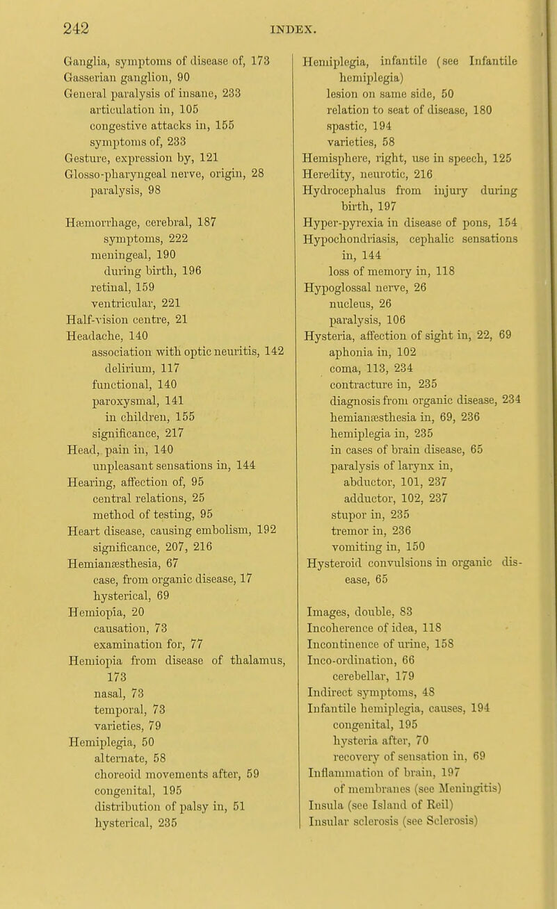 Ganglia, symptoms of disease of, 173 Gasseriaii ganglion, 90 General paralysis of insane, 233 articulation in, 105 congestive attacks in, 155 symptoms of, 233 Gesture, expression by, 121 Glosso-pliaryngoal nerve, origin, 28 paralysis, 98 Hfemorrliage, cerebral, 187 symptoms, 222 meningeal, 190 during birth, 196 retinal, 159 ventricular, 221 Half-vision centre, 21 Headache, 140 association with optic neuritis, 142 delirium, 117 functional, 140 paroxysmal, 141 in children, 155 siguiiicance, 217 Head, pain in, 140 unpleasant sensations in, 144 Hearing, affection of, 95 central relations, 25 method of testing, 95 Heart disease, causing embolism, 192 significance, 207, 216 Hemiansesthesia, 67 case, from organic disease, 17 hysterical, 69 Hemiopia, 20 causation, 73 examination for, 77 Hemiopia from disease of thalamus, 173 nasal, 73 temporal, 73 varieties, 79 Hemiplegia, 50 alternate, 58 choreoid movements after, 59 congenital, 195 distribution of palsy in, 51 hysterical, 235 Hemiplegia, infantile (see Infantile hemiplegia) lesion on same side, 50 relation to seat of disease, 180 spastic, 194 varieties, 58 Hemisphere, right, use in speech, 125 Heredity, neurotic, 216 Hydrocephalus from injury during birth, 197 Hyper-pyrexia in disease of pons, 154 Hypochondriasis, cephalic sensations in, 144 loss of memory in, 118 Hypoglossal nerve, 26 nucleus, 26 paralysis, 106 Hysteria, aifection of sight in, 22, 69 aphonia in, 102 coma, 113, 234 contracture in, 235 diagnosis from organic disease, 234 hemianesthesia in, 69, 236 hemiplegia in, 235 in cases of brain disease, 65 paralysis of larynx in, abductor, 101, 237 adductor, 102, 237 stupor in, 235 ti-emor in, 236 vomiting in, 150 Hysteroid convulsions in organic dis- ease, 65 Images, double, 83 Incoherence of idea, 118 Incontinence of urine, 158 Inco-ordination, 66 cerebellar, 179 Indirect symptoms, 48 Infantile hemiplegia, causes, 194 congenital, 195 hysteria after, 70 recovery of sensatioii in, 69 Inflammation of brain, 197 of membranes (see ^Meningitis) Insula (see Island of Reil) Insular sclerosis (see Sclerosis)