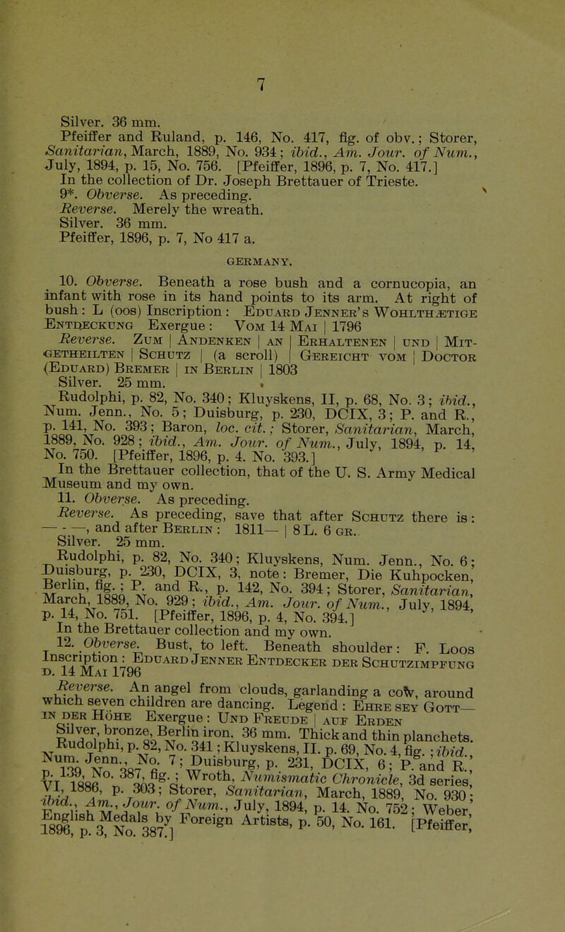 Silver. 36 mm. Pfeiffer and Ruland, p. 146, No. 417, fig. of obv.; Storer, Sanitarian, March, 1889, No. 934; ibid., Am. Jour, of Num., July, 1894, p. 15, No. 756. [Pfeiflfer, 1896, p. 7, No. 417.] In the collection of Dr. Joseph Brettauer of Trieste. 9*. Obverse. As preceding. Reverse. Merely the wreath. Silver. 36 mm. Pfeiffer, 1896, p. 7, No 417 a. GERMANY. 10. Obverse. Beneath a rose bush and a cornucopia, an infant with rose in its hand points to its arm. At right of bush: L (oos) Inscription : Eduard Jenner's Wohlth.etige Entheckung Exergue : Vom 14 Mai | 1796 Reverse. Zum | Andenken | an | Erhaltenen | dnd | Mit- GETHEILTEN | SCHUTZ | (a SCroll) | GeREICHT VOM 1 DoCTOR (Eduard) Bremer | in Berlin | 1803 Silver. 25 mm. t Rudolphi, p. 82, No. 340; Kluyskens, II, p. 68, No. 3; ibid.. Num. Jenn., No. 5; Duisburg, p. 230, DCIX, 3; P. and R., ' Baron, loc. cit.; Storer, Sanitarian, March, 1889, No. 928; ibid., Am. Jour, of Num., July, 1894, p. 14, No. 750. [Pfeiffer, 1896, p. 4. No. 393.] In the Brettauer collection, that of the U. S. Army Medical Museum and my own. 11. Obverse. As preceding. Reverse. As preceding, save that after Schutz there is: , and after Berlin : 1811— | 8L. 6 gr. Silver. 25 mm. Rudolphi, p. 82, No. 340; Kluyskens, Num. Jenn., No. 6; Duisburg, p. 230, DCIX, 3, note: Bremer, Die Kuhpocken ^ I' %ok \ '^nl^-' P- ^^2' 39*5 Storer, Sanitarian, ^iTV^^P.'.^- ^2^' -^OKT. of Num., July, 1894 P-14, No. 751. [Pfeiffer, 1896, p. 4, No. 394.] In the Brettauer collection and my own. 12. Obverse. Bust, to left. Beneath shoulder: F. Loos ^^^^.■Px '^A^?^^^^ J^NNER Entdecker der Schutzimpeung D. 14 Mai 1796 Reverse. An angel from clouds, garlanding a coV, around which seven children are dancing. Legend : Ehre sey Gott— IN der Hohe Exergue : Und Preude | auf Erden RnZ' AT^'o if''?;, ^'^^ Thick and thin planchets. Rudolphi, p. 82, No. 341; Kluyskens, II. p. 69, No. 4, fig. • ibid pl39''C387''fi''^V^^^^' 231, DCIX, 6; 'p.^and R.-,' VT Is'ftR il^-aV^'''^^o Chronicle, 3d series, p. 303; Storer, Sanitarian, March, 1889, No 930- m'/T^'u-^.^^-' J'^' 1894, p. 14. No. 752; Weber,' I96I p 3 No 3870