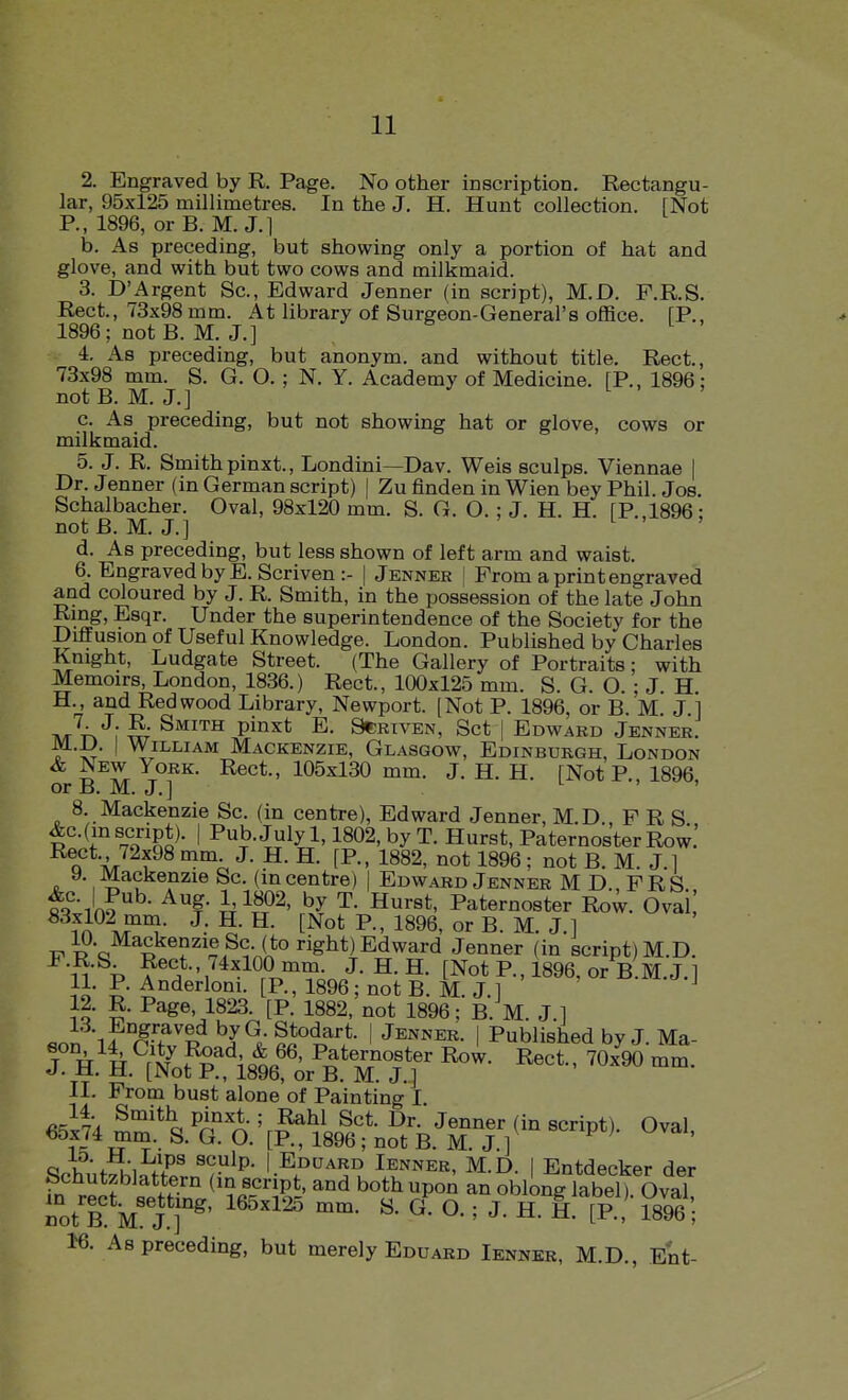 2. Engraved by R. Page. No other inscription. Rectangu- lar, 95x125 millimetres. In the J. H. Hunt collection. TNot P., 1896, or B. M.J.I b. As preceding, but showing only a portion of hat and glove, and with but two cows and milkmaid. 3. D'Argent Sc., Edward Jenner (in script), M.D. P.R.S. Rect., 73x98 mm. At library of Surgeon-General's office. fP., 1896; not B. M. J.] , i. As preceding, but anonym, and without title. Rect., 73x98 mm. S. G. O. ; N. Y. Academy of Medicine. TP., 1896: notB. M. J.] L . , c. As preceding, but not showing hat or glove, cows or milkmaid. 5. J. R. Smith pinxt., Londini—Dav. Weis sculps. Viennae | Dr. Jenner (in German script) | Zu finden in Wien bey Phil. Jos. Schalbacher. Oval, 98x120 mm. S. G. O. ; J. H. H. TP.,1896; notB. M. J.] d. As preceding, but less shown of left arm and waist. 6. Engraved by E. Scriven :- | Jenner | From a print engraved and coloured by J. R. Smith, in the possession of the late John Ring, Esqr. Under the superintendence of the Society for the Diffusion of Useful Knowledge. London. Published by Charles Knight, Ludgate Street. (The Gallery of Portraits; with Memoirs, London, 1836.) Rect., 100x125 mm. S. G. O. ; J. H. H., and Redwood Library, Newport. [Not P. 1896, or B. M. J.'] TVA-Vk'^; 5; Pi^*^ STRIVEN, Set I Edward Jenner. M.D. I William Mackenzie, Glasgow, Edinburgh, London ^ 105x130 mm. J. H. H. [Not P., 1896. or B. M. J.] ' ' 8. Mackenzie Sc. (in centre), Edward Jenner, M.D. F R S &c.(in script). I Pub.Julyl,1802,byT. Hurst, Paternoster Row.' o'^^V/r^^^^^ J- 1882, not 1896 ; not B. M. J.l 9. Mackenzie Sc. (in centre) | Edward Jenner M D., FRS Sf'iL?^- Aug- 1.1802, by T. Hurst, Paternoster Row. Oval] i^'P^.^^?- J- ^- CNot P., 1896, or B. M. J.l 10. Mackenzie Sc. (to right) Edward Jenner (in script) M.D. F.R.S Rect., 74x100 mm. J. H. H. [Not P., 1896, or B M.J.l }l- Anderloni. [P., 1896 ; not B. M. J.l ^ 12. R. Page, 1823. [P. 1882, not 1896; B. M. J.l l-^-,f°^ra^ed byG.Stodart. | Jenner. | Published by J Ma- J. M. H. [Not P., 1896, or B. M. J.] 11. From bust alone of Painting I. M. As preceding, but merely Eduakd Ieunkk, M.D., E'nt-