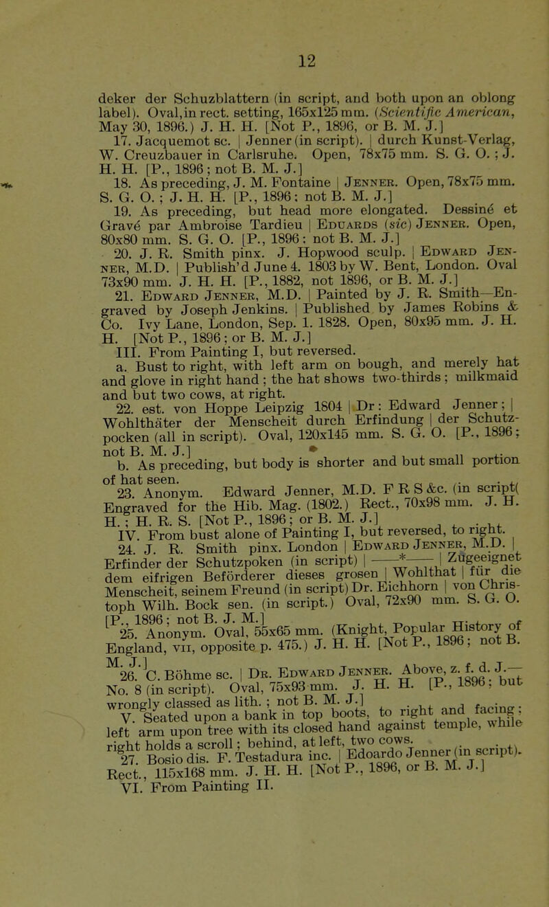 deker der Schuzblattern (in script, and both upon an oblong- label). Oval.inrect. setting, 165x125 mm. {Scientific American, May 30, 1896.) J. H. H. [Not P., 1896, or B. M. J.] 17. Jacquemot sc. 1 Jenner(in script). 1 durch Kunst-Verlag, W. Creuzbauer in Carlsruhe. Open, 78x75 mm. S. G. O, ; J. H. H. [P., 1896; not B. M. J.] 18. As preceding, J. M. Fontaine I Jenneb. Open, 78x75 mm. S. G. O. ; J. H. H. [P., 1896: not B. M. J.] 19. As preceding, but head more elongated. Dessin^ et Grave par Ambroise Tardieu | Eduards (sic) Jenner. Open, 80x80 mm. S. G. O. [P., 1896: not B. M. J.] 20. J. R. Smith pinx. J. Hopwood sculp. 1 Edward Jen- neb, M.D. I Publish'd June 4. 1803 by W. Bent, London. Oval 73x90 mm. J. H. H. [P., 1882, not 1896, or B. M. J.] 21. Edwabd Jenneb, M.D. | Painted by J. R. Smith—En- graved by Joseph Jenkins. | Published by James Robms & Co. Ivy Lane, London, Sep. 1. 1828. Open, 80x95 mm. J. H. H. [Not P., 1896; or B. M. J.] III. From Painting I, but reversed. a. Bust to right, with left arm on bough, and merely hat and glove in right hand ; the hat shows two-thirds : milkmaid and but two cows, at right. 22. est. von Hoppe Leipzig 1804 | Dr: Edward Jenner;J Wohlthater der Menscheit durch Erfindung | der fechutz- pocken (all in script). Oval, 120x145 mm. S. G. O. [P., 1896; not B. M. J.] ♦ , , ^ ,. b. As preceding, but body is shorter and but small portion of hat seen. , ^ ^ o( t. , - • i., 23. Anonym. Edward Jenner, M.D. F R S &c. (in script( Engraved for the Hib. Mag. (1802.) Rect., 70x98 mm. J. H. H. ; H. R. S. [Not P., 1896; or B. M. J.] IV From bust alone of Painting I, but reversed, to right. 24 J R Smith pinx. London | Edwabd Jenneb, M.i). | Erfinder der Schutzpoken (in script) | —TtJ ^^^f'^^! dem eifrigen Beforderer dieses grosen | Wohlthat | fiir die Menscheit, seinemFreund (in script) Dr Eichhorn 1 vonChr^- toph Wilh. Bock sen. (in script.) Oval, 72x90 mm. S. G. O. ^''25TnJ.n;m.''bvar5k65 mm W Popular ^^^^^^ of England, vii, opposite p. 475.) J. H. H. [Not P., 1896, not B. ^2a C. Bohme sc. | Db. Edwabd Jenneb. Above, z f. d J.- No. 8 (in script). Oval, 75x93 mm J. H. H. [P., 1896. but wrongly classed as lith. ; not B. M. J -1 . , fo^irirr - V. Seated upon a bank in top boots to y^g^* and fac n^^^ left arm upon tree with its closed hand against temple, xvhile right holds a scroll; behind, at left, two cows 27. Bosiodis. F.Testadurainc. |Edoardojenner(i^^ Rect., 115x168 mm. J. H. H. [Not P., 1896, or B. M. J.J VI. From Painting II.