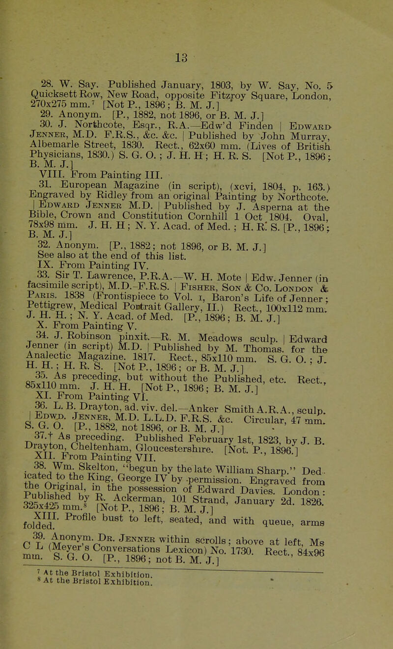 28. W. Say. Published January, 1803, by W. Say, No. 5 Quicksett Row, New Road, opposite Fitzroy Square, London, 270x275 mm.^ [Not P., 1896 ; B. M. J.] ' ' ^ ' 29. Anonym. [P., 1882, not 1896, or B. M. J.] 30. J. Northcote, Esqr., R.A.—Edw'd Finden | Edward Jenner, M.D. F.R.S., &c. &c. | Published by John Murray, Albemarle Street, 1830. Rect., 62x60 mm. (Lives of British Physicians, 1830.) S. G. O. ; J. H. H ; H. R. S. [Not P., 1896: B. M. J,] VIIL From Painting III. 31. European Magazine (in script), (xcvi, 1804, p. 163.) Engraved by Ridley from an original Painting by Northcote. I Edward Jenner M.D. | Published by J. Asperna at the Bible, Crown and Constitution Cornhill 1 Oct 1804. Oval, 78x98 mm. J. H. H ; N. Y. Acad, of Med. ; H. R! S. [P., 1896: B. M. J.] ' L , r 32. Anonym. [P., 1882; not 1896, or B. M. J.] See also at the end of this list. IX. From Painting IV. 33. Sir T. Lawrence, P.R.A.—W. H. Mote | Edw. Jenner (in facsimile script), M.D.-F.R.S. | Fisher, Son & Co. London & Paris. 1838 (Frontispiece to Vol. i, Baron's Life of Jenner ; Pettigrew, Medical Pontrait Gallery, II.) Rect., 100x112 mm. J. H. H. ; N. Y. Acad, of Med. [P., 1896; B. M. J.l X. From Painting V. 34. J. Robinson pinxit.—R. M. Meadows sculp. I Edward Jenner (in script) M.D. | Published by M. Thomas, for the Analectic Magazine. 1817. Rect., 85x110 mm. S. G. O - J H H. ; H. R. S. [Not P., 1896; or B. M. J.] ^-^ or. niA^^ preceding, but without the Published, etc. Rect., 85x110 mm. J. H. H. [Not P., 1896 ; B. M. J.l XI. From Painting VI. 36. L. B Drayton, ad. viv. del.-Anker Smith A.R.A., sculp. ! Edwd. Jenner M.D. L.L.D. F.R.S. &c. Circular, 47 mm. S. G. O. [P., 1882, not 1896, orB. M. J.] • 37. t As preceding. Published February 1st, 1823, by J. B. urayton Cheltenham, Gloucestershire. [Not. P 1896 1 XII. From Painting VII. ir>.^fLY°}V,^^-*°°'^'^^^° William Sharp. Ded- thP n.-°-^^? George ly by -permission. Engraved from P„hi?«h!H°^K' 'I PO««e««ion of Edward Davies. London: qSo^ 5:t f 2kerman, 101 Strand, January 2d. 1826. 325x425 mm.8 [Not P., 1896 ; B. M. J ] folded' ^^'^ '''''^ ^'^^ a^-^s C l' rMpvS'r?'- '^^''Z'^'' ^i^^^ ''^^o^e left, Ms |^;^^SajP^ ^-^•> 84x96 I At the Bristol Exhibition.  — 8 At the Bristol Exhibition.