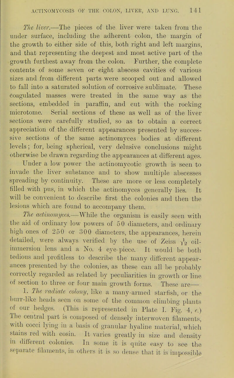 TJie liver.—The pieces of the hver were taken from the under surface, including the adherent colon, the margin of the growth to either side of this, both right and left margins, and that representing the deepest and most active part of the growth furthest away from the colon. Further, the complete contents of some seven or eight abscess cavities of various sizes and from different parts were scooped out and allowed to fall into a saturated solution of corrosive sublimate. These coagulated masses were treated in the same way as the sections, embedded in paraffin, and cut with the rocking microtome. Serial sections of these as well as of the liver sections were carefully studied, so as to obtain a correct appreciation of the different appearances presented by succes- sive sections of the same actinomyces bodies at different levels; for, being spherical, very delusive conclusions might otherwise be drawn regarding the appearances at difllerent ages. Under a low power the actinomycotic growth is seen to invade the Hver substance and to show multiple abscesses spreading by continuity. These are more or less completely filled with pus, in which the actinomyces generally lies. It will be convenient to describe first the colonies and then the lesions which are found to accompany them. The actinomyces.—While the organism is easily seen with the aid of ordinary low powers of 50 diameters, and ordinary high ones of 250 or 300 diameters, the appeai-ances, herein detailed, were always verified by tlie use of Zeiss j^g oil- immersion lens and a No. 4 eye-piece. It would be botli tedious and profitless to describe the many different appear- ances presented by the colonies, as these can all be probably correctly regarded as related by peculiarities in growth or line of section to three or four main growth forms. These are— 1. The radiate coluny, like a many-armed starfish, or the bmr-like heads seen on some of tlie common climbing plants of our hedges. (This is represented in Plate I. Fig. 4, c.) The central part is composed of densely interwoven filaments, with cocci lying in a basis of granular hyaline material, which stains red with eosin. It varies greatly in size and density in different colonies. In some it is quite easy to see the separate filaments, in others it is so dense tliat it is impossible