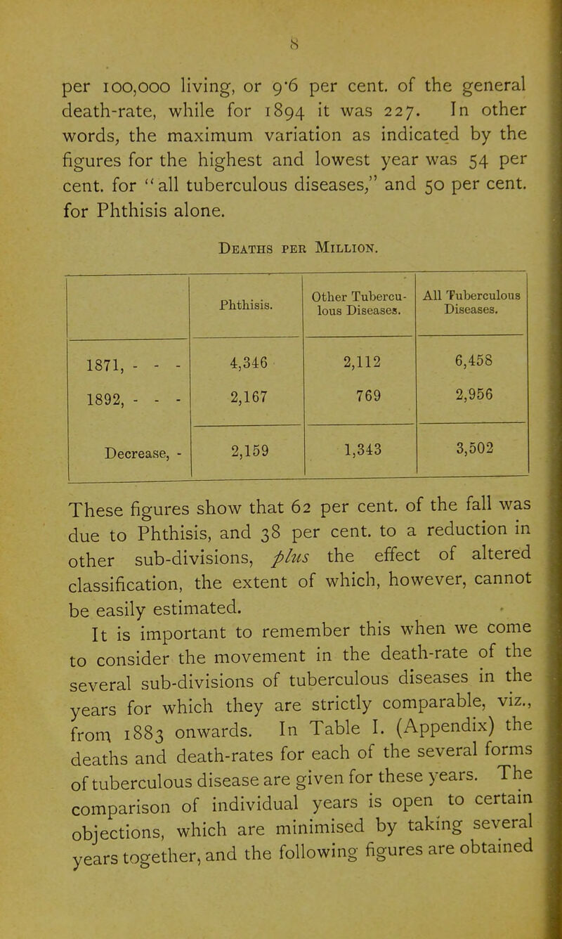 per 100,000 living, or 9*6 per cent, of the general death-rate, while for 1894 it was 227. In other words, the maximum variation as indicated by the figures for the highest and lowest year was 54 per cent, for all tuberculous diseases, and 50 per cent, for Phthisis alone. Deaths per Million. Phthisis. Other Tubercu- lous Diseases. All Tuberculous Diseases. 1871, - - - 4,346 2,112 6,458 1892, - - - 2,167 769 2,956 Decrease, - 2,159 1,343 3,502 These figures show that 62 per cent, of the fall was due to Phthisis, and 38 per cent, to a reduction in other sub-divisions, plus the effect of altered classification, the extent of which, however, cannot be easily estimated. It is important to remember this when we come to consider the movement in the death-rate of the several sub-divisions of tuberculous diseases in the years for which they are strictly comparable, viz., from 1883 onwards. In Table I. (Appendix) the deaths and death-rates for each of the several forms of tuberculous disease are given for these years. The comparison of individual years is open to certain objections, which are minimised by taking several years together, and the following figures are obtained