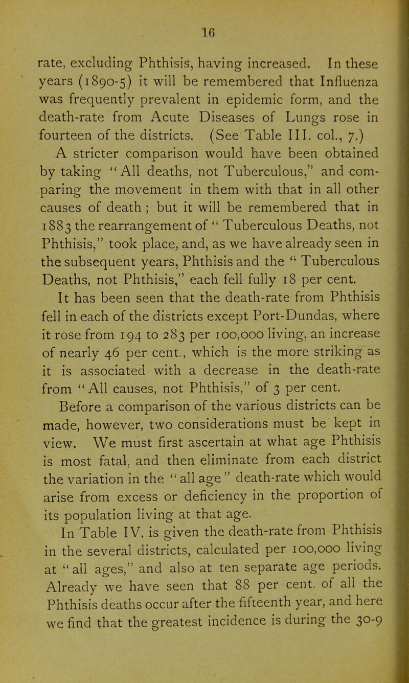 rate, excluding Phthisis, having increased. In these years (1890-5) it will be remembered that Influenza was frequently prevalent in epidemic form, and the death-rate from Acute Diseases of Lungs rose in fourteen of the districts. (See Table III. col., 7.) A stricter comparison would have been obtained by taking ** All deaths, not Tuberculous, and com- paring the movement in them with that in all other causes of death ; but it will be remembered that in 1883 the rearrangement of  Tuberculous Deaths, not Phthisis, took place, and, as we have already seen in the subsequent years. Phthisis and the  Tuberculous Deaths, not Phthisis, each fell fully 18 per cent. It has been seen that the death-rate from Phthisis fell in each of the districts except Port-Dundas, where it rose from 194 to 283 per 100,000 living, an increase of nearly 46 per cent., which is the more striking as it is associated with a decrease in the death-rate from All causes, not Phthisis, of 3 per cent. Before a comparison of the various districts can be made, however, two considerations must be kept in view. We must first ascertain at what age Phthisis is most fatal, and then eliminate from each district the variation in the  all age  death-rate which would arise from excess or deficiency in the proportion of its population living at that age. In Table IV. is given the death-rate from Phthisis in the several districts, calculated per 100,000 living at  all ages, and also at ten separate age periods. Already we have seen that 88 per cent, of all the Phthisis deaths occur after the fifteenth year, and here we find that the greatest incidence is during the 30-9