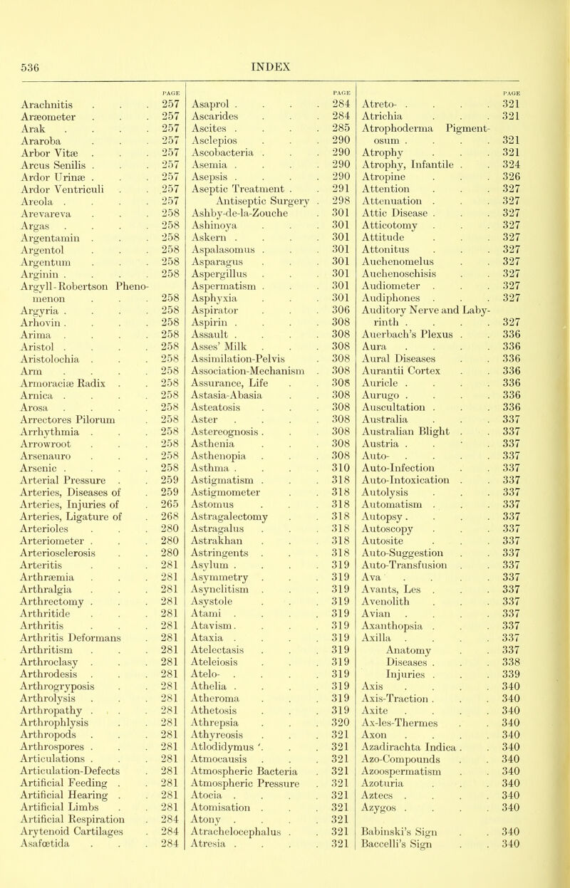 PAGE PAGE PAGE Arachnitis OKT JiOl Asaprol . . . . ZOi Atreto- .... QOl oZL Araeometer 257 Ascarides 284 Atrichia 321 Arak .... 257 Ascites . . . . O O n 280 A J. 11 !»■ J. Atrophoderma Pigment- Araroba 257 Asclepios 290 osum .... QOl 321 Arbor Vitse So 1 Ascobacteria . ZvKJ Atrophy oZL Arcus Senilis . 257 Asemia . . . . O OA 290 Atrophy, infantile . 324 Ardor Urinse . 257 ,4 Asepsis . . . . 290 Atropine 326 Ardor Ventriculi 257 Aseptic Treatment . zy\. Attention 327 Areola .... 257 Antiseptic Surgery . 298 Attenuation . 327 Arevareva Soo Ashby-de-la-Zouche oUi Attic Disease . OZl Argas .... JOo Ashinoya QA1 Atticotomy oZ 1 Argentamin Askern . . . . OUi Attitude OZ 1 Argentol 258 A 1 Aspalasomus . Q AT oOl Attonitus 6Zl Argentum 258 Asparagus Q A1 301 Auchenomelus 327 Arginin .... 258 A '11 Aspergillus Q AT oOl Auchenoschisis 32/ A n i~» 1 1 PIT Argyll-Kobertson rheno- A j_ • Aspermatism . OAT 301 A ,1 * J. Audiometer 327 menon 258 A 1_ Asphyxia OAT 301 A 1 ' I Audiphones 327 Argyria .... 258 A ' j- Aspirator oOb A J ' J. AT - -J r 1 Auditory JNerve and La by- Arhovin .... 258 A • • Aspirin . . . . O A O 308 rinth .... 327 Arima .... 258 A li. Assault . . . . O AO 308 A 'U U 7 Til Auerbach s Plexus . 33o Aristol .... 258 Asses Milk O AO oOb Aura .... 33d Aristolochia Assimilation-Pelvis oUo Aural Diseases OOt) Ai-m .... 258 A „ ■ J. • ATI • Association-Mechanism O A O 308 A J. * * i. Aurantu Lortex oof? 33d Arinoraciae Eadix . 258 A T • i? Assurance, Life 308 A * 1 Auricle .... 33d Arnica .... 258 Astasia-Abasia 308 Aurugo .... 336 * Arosa .... O PC t.' z5o Asteatosis QAQ 308 Auscultation . 33d Arrectores riiorum O PC o 258 Aster . . . . QAQ 3U8 Australia Q QT 337 Arrhythmia . 258 A J. Astereognosis . 308 A J. 1 • T)l • 1 i- Australian isliglit . 337 Arrowroot JOO Asthenia 'inn Austria . . ■ . OO / Arsenauro O o Asthenopia QAQ o08 Auto- .... Q Q'T 337 Arsenic .... 258 Asthma . . . . O 1 A olO Auto-Infection 337 Arterial Pressure 259 Astigmatism . 318 Auto-Intoxication . o o 337 Arteries, Diseases of 259 A J- i- Astigmometer 318 A J- 1 Autolysis 337 Arteries, injuries oi Astomus Q1 Q OlC5 Automatism QQ^T Arteries, Ligature of Astragalectomy oio Autopsy.... Q Q'7 337 Arterioles Astragalus Ql Q Autoscopy QQ^ 337 Arteriometer . 280 A J. 11 Astrakhan 318 Autosite 337 Arteriosclerosis Astringents oio Auto-Suggestion QQ^ Arteritis 281 Asylum . . . . 319 Auto-Transfusion 337 Arthrsemia 281 Asymmetry O 1 A 319 A - Ava .... 337 Arthralgia zol Asynclitism Q1 n 319 Avants, Les . OOl Arthrectomy . 281 Asystole 319 Avenolith 337 Arthritide 281 Atami . . . . Q 1 Q 319 Avian .... 337 Arthritis 281 Atavism. . . . Q 1 A 319 Axanthopsia . O O 337 Arthritis Deformans O Q1 Ataxia . . . . ol9 Axilla .... Q QT OOl Arthritism OQ 1 JioL Atelectasis 319 Anatomy Q QT 337 Arthroclasy O Q 1 ZoL Ateleiosis Q 1 Q oiy Diseases . QQQ 338 Arthrodesis ZoL Ateio- . . . . Q 1 Q oiy Injuries . QQA 339 Arthrogryposis 281 Athelia . . . . 319 Axis .... 340 Arthrolysis O t) 1 281 Atheroma O 1 A 319 A • m j_* Axis-i raction . 340 Arthropathy . , . 281 Athetosis O 1 A 319 A :x Axite .... 340 Arthrophlysis 281 Athrepsia 320 Ax-les-Thermes 340 Arthropods 281 A j_l Athyreosis 321 Axon .... 340 Arthrospores . OQ 1 ZoL Atlodidymus '. Q01 ozi Azadirachta Indica . 340 Articulations . Zol Atmocausis oZl Azo-Compounds Q /I A oW A vf,iPiil>itinn-Dpfpf^t',*5 281 XIULLUJO IJUCl ±JtX\jVKiL Lai 321 A CAAQTlPl'TVl Q +1CIIVI S40 Artificial Feeding . 281 Atmospheric Pressure 321 Azoturia 340 Artificial Hearing . 281 Atocia . . . . 321 Aztecs .... 340 Artificial Limbs 281 Atomisation . 321 Azygos .... 340 Artificial Respiration 284 Atony . . . . 321 Arytenoid Cartilages 284 Atrachelocephalus . 321 Babinski's Sign 340 Asafcetida 284 Atresia . . . . 321 Baccelli's Sign 340