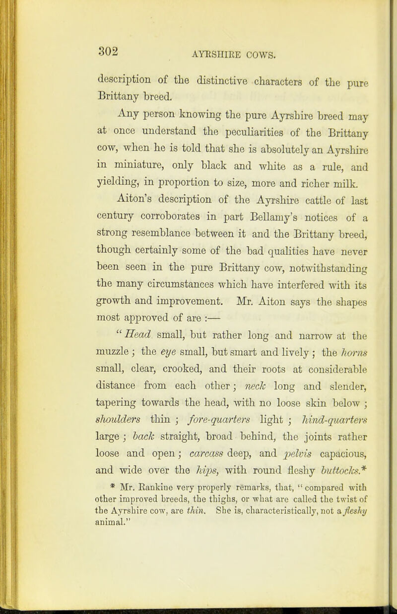 AYESHIRE COWS. description of the distinctive characters of the pure Brittany breed. Any person knowing the pure Ayrshire breed may at once understand the peculiarities of the Brittany cow, when he is told that she is absolutely an Ayrshire in miniature, only black and white as a rule, and yielding, in proportion to size, more and richer milk. Alton's description of the Ayrshire cattle of last century corroborates in part Bellamy's notices of a strong resemblance between it and the Brittany breed, though certainly some of the bad quaHties have never been seen in the pure Brittany cow, notwithstanding the many circumstances which have interfered with its growth and improvement. Mr. Alton says the shapes most approved of are :—  Head small, but rather long and narrow at the muzzle ; the eye small, but smart and lively ; the horns small, clear, crooked, and their roots at considerable distance from each other; neck long and slender, tapering towards the head, -with no loose skin below ; shoulders thin ; fore-quarters light ; hind-quarters large ; back straight, broad behind, the joints rather loose and open; carcass deep, and jjelvis capacious, and wide over the hips, with round fleshy huUoclcs* * Mr. Eankine very properly remarks, that,  compared with other improved breeds, the thighs, or -what are called the twist of the Ayrshire cow, are thin. She is, characteristically, not & fleshy animal.