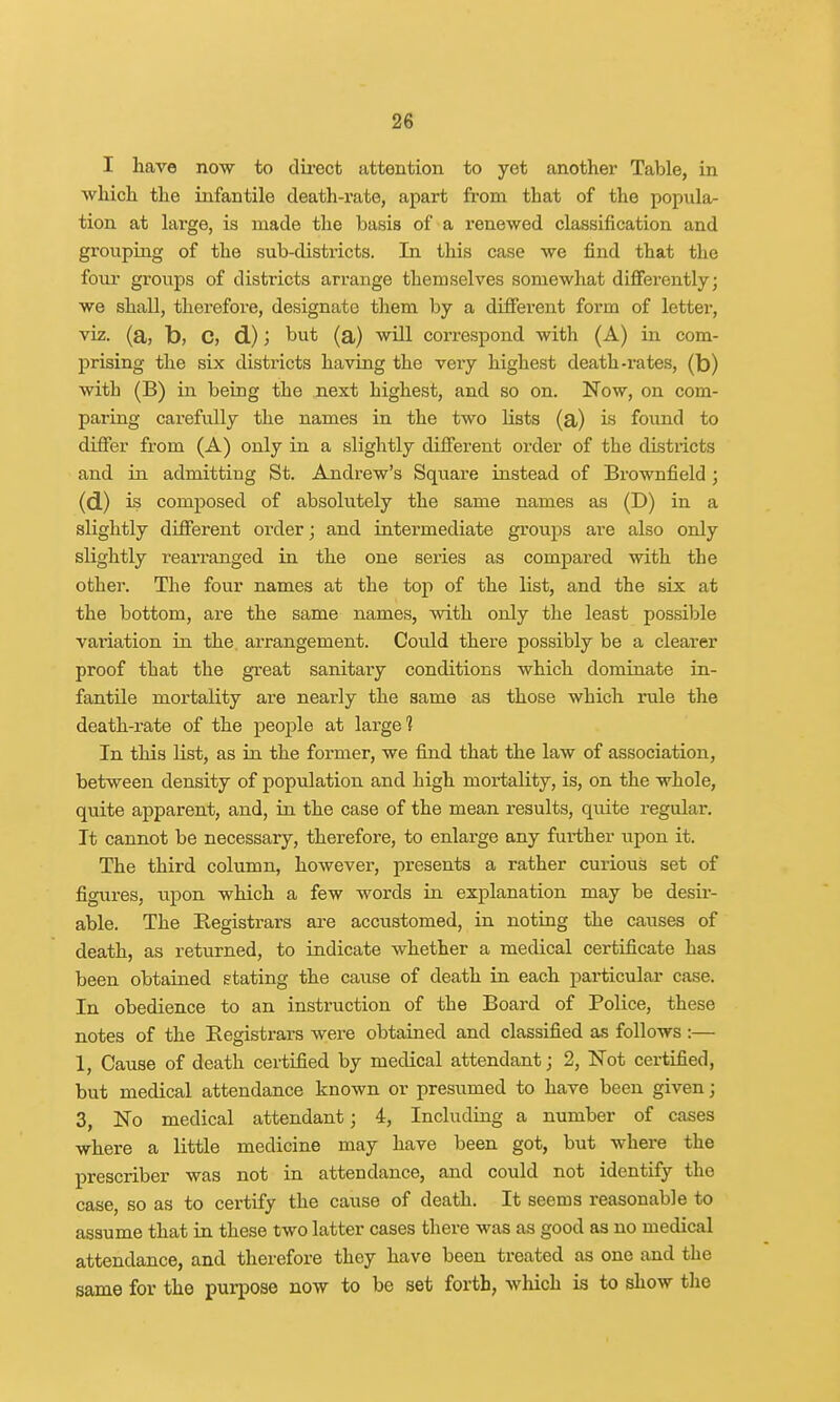 I have now to direct attention to yet another Table, in which the infantile death-rate, apart from that of the popula- tion at large, is made the basis of a renewed classification and grouping of the sub-districts. In this case we find that the four groups of districts arrange themselves somewhat differently; we shall, therefore, designate them by a different form of letter, viz. (a, t), C, d.); but (a) will correspond with (A) in com- prising the six districts having the very highest death-rates, (b) with (B) in being the next highest, and so on. Now, on com- paring carefully the names in the two lists (a) is found to differ from (A) only in a slightly different order of the districts and in admitting St. Andrew's Square instead of Brownfield ; (d.) is composed of absolutely the same names as (D) in a slightly different order; and intermediate groups are also only slightly rearranged in the one series as compared with the other. The four names at the top of the list, and the six at the bottom, are the same names, with only the least possible variation in the arrangement. Could there possibly be a clearer proof that the great sanitary conditions which dominate in- fantile mortality are nearly the same as those which rule the death-rate of the people at large1? In this list, as in the former, we find that the law of association, between density of population and high mortality, is, on the whole, quite apparent, and, in the case of the mean results, quite regular. It cannot be necessary, therefore, to enlarge any further upon it. The third column, however, presents a rather curious set of figures, upon which a few words in explanation may be desir- able. The Registrars are accustomed, in noting the causes of death, as returned, to indicate whether a medical certificate has been obtained stating the cause of death in each particular case. In obedience to an instruction of the Board of Police, these notes of the Registrars were obtained and classified as follows :— 1, Cause of death certified by medical attendant; 2, Not certified, but medical attendance known or presumed to have been given; 3, No medical attendant; 4, Including a number of cases where a little medicine may have been got, but where the prescriber was not in attendance, and could not identify the case, so as to certify the cause of death. It seems reasonable to assume that in these two latter cases there was as good as no medical attendance, and therefore they have been treated as one and the same for the purpose now to be set forth, which is to show the