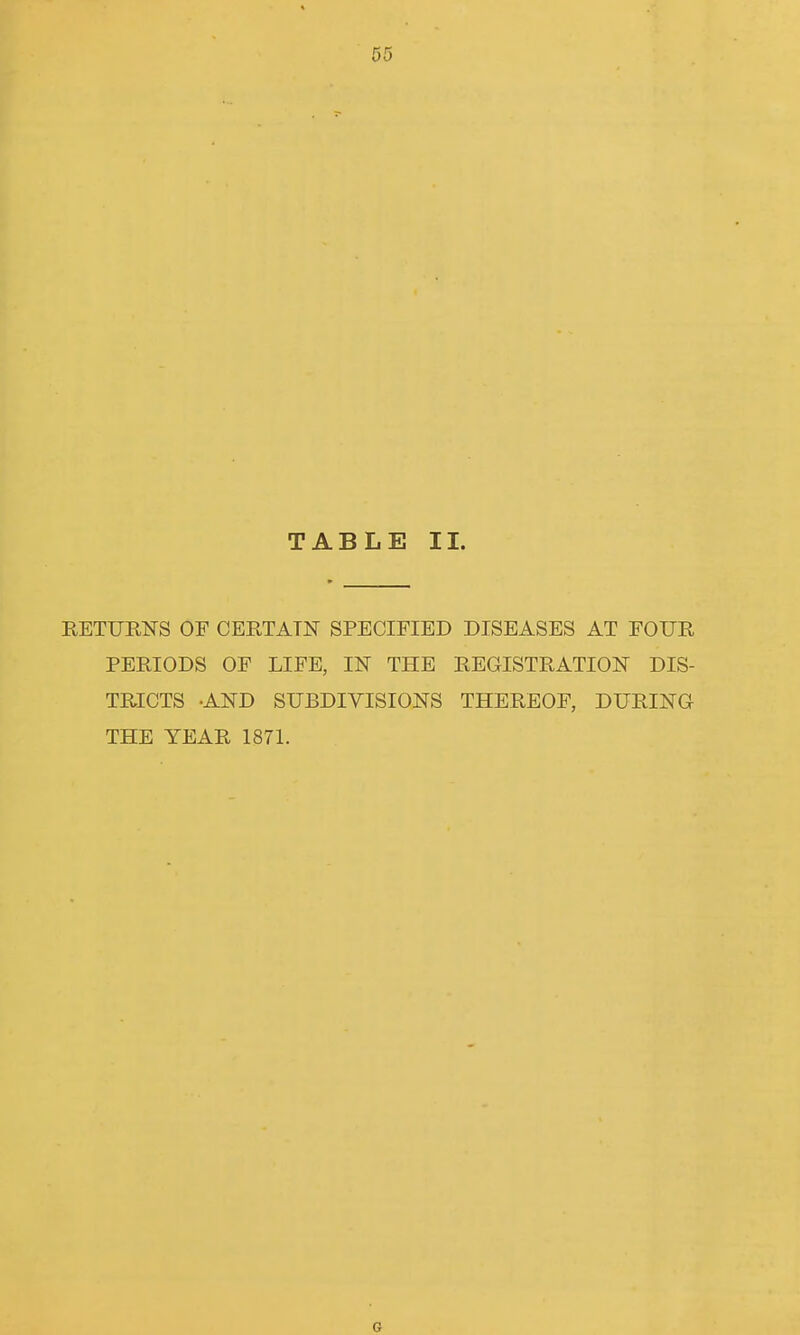 TABLE II. RETURNS OF CERTAIN SPECIFIED DISEASES AT FOUR PERIODS OF LIFE, IN THE REGISTRATION DIS- TRICTS -AND SUBDIVISIONS THEREOF, DURING THE YEAR 1871. G