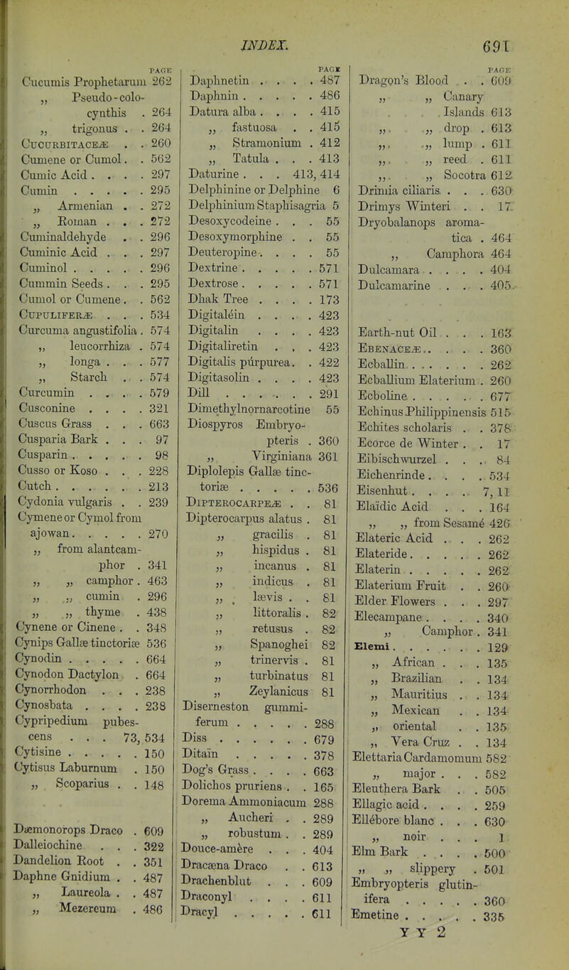 PAGE Cucumis Prophetarum 262 „ Pseudo-colo- cynthis . 264 „ trigonus . . 264 CuCURBITACE^ . . 260 Cumene or Cumol. . 562 CumicAcid. . . .297 Cumin 295 „ Armenian . .272 „ Koman . . . 272 rl Cuminaldehyde . .296 i. Cuminic Acid . . . 297 i Cuminol 296 i Cummin Seeds. . . 295 Cumol or Cumene . . 562 CtrpuLiFEE^ , . .534 Curcuma angustifolia. 574 „ leucorrhiza . 574 „ longa . . .577 „ Starch . .574 Curcumin . . . .579 Cusconine .... 321 Cuacus Grass . . . 663 Cusparia Bark ... 97 Cusparin 98 Cusso or Koso . . . 228 Cutch 213 Cydonia vulgaris . . 239 Cymene or Cymol from ajowan 270 „ from alantcam- plior . 341 „ „ camphor. 463 „ cumin . 296 „ „ thyme . 438 Cynene or Cinene . . 348 Cynips Gallse tinctorise 536 Cynodin 664 Cynodon Dactylon . 664 Cynorrhodon . . . 238 Cynosbata . . . .238 Cypripedium pubes- cens ... 73, 534 Cytisine 150 Cytisus Laburnum . 150 „ Scoparius . .148 Dsemonorops Draco . 609 Dalleiochine , . . 322 Dandelion Root . .351 Daphne Gnidiura . . 487 „ Laureola . . 487 „ Mezercum . 486 Daphnetin .• . . PACK . 487 486 415 „ fastuosa 415 „ Stramonium . 412 „ Tatula . . 413 Daturine . . . 413,414 Delphinine or Delphine 6 Delphinium Staphisagria 5 j-'csoxycoa.eme . . 00 Desoxymorphine . 55 Deuteropine. . . 55 571 571 DhakTree . . . 173 DigitaMin . . . . 423 Digitalin . . . . 423 Digitaliretin . . . 423 DigitaHs piirpurea. . 422 Digitasolin . . . . 423 Dm 291 Dimethylnornarcotine 55 Diospyros Embryo- pteris . 360 „ Virginiana 361 Diplolepis Gallse tinc- torise 536 DiPTEROCARPKiE . . 81 Dipterocarpus alatus , 81 „ gracilis . 81 „ hispidus . 81 „ incanus . 81 „ indicus . 81 „ ^ la3vis . . 81 5, littoralis . 82 „ retusus . 82 „ Spanoghei 82 „ trinervis . 81 „ turbinatus 81 J, Zeylanicus 81 Diserneston gummi- 288 679 Ditain 378 Dog's Grass .... 663 Dolichos pruriens . . 165 Dorema Ammoniacum 288 „ Aucheri , . 289 „ robustum. . 289 Douce-amke . . . 404 Dracaena Draco . . 613 Drachenblut . . . 609 Draconyl .... 611 Dracyl 611 Dragon's Blood . . GOO „ „ Canary . Islands 613 „, „ drop . 613 „. „ lump . 611 „. „ reed . 611 ,,. „ Socotra 612 Driniia ciliaris . boO JJrirays Wmteri . 1 / Dryobalanops aroma- tica . 464 „ Caraphora 464 Dulcamara . . . . 404 Duicamarine . . . 405 Earth-nut Oil . . . 163 Ebenace^ 360 Ecballin. 262 Ecballium Elaterium . 260 677 Echinus PhiHpijinensis 515 Echites scholaris . . 376 Ecorce de Winter . . 17 Eibischwurzel . . . . 84 Eichenrinde.... 534 Eisenhut 7,11 Elaidic Acid . . . 164 „ „ from Sesam^ 426 Elateric Acid . . . 262 262 Elaterin 262 Elaterium Fruit . . 260 Elder Flowers . . . 297 Elecampane .... 340 „ Camphor, 341 Elemi 129 „ African . . . 135 „ Brazilian . . 134 „ Mauritius . . 134 „ Mexican . , 134 ,1 oriental . . 135 „ Vera Cruz . . 134 ElettariaCardamomum 582 „ major . . . 582 Eleuthera Bark . . 505 EUagic acid .... 259 Ellebore blanc . . . 630 „ noir ... 1 Elm Bark . . . .500 „ „ slippery . 501 Embryopteris glutin- ifera 360 Emetine 335 y Y 2