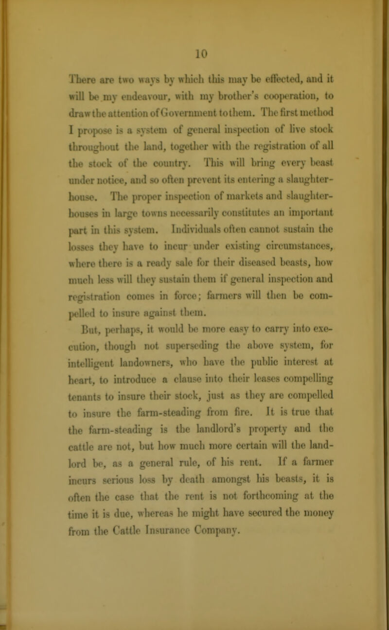 There are two wavs bv which this niav he effected, and it WW w will be my endeavour, with my brother's eoojH ration, to draw the attention of Government tothem. The first method I propose is a system of general inspection of live stock throughout the land, together with the registration of all the stock of the country. This will bring every beast under notice, and so often prevent its entering a slaughter- house. The proper inspection of markets and slaughter- bouses in large towns necessarily constitutes an important jvart in this system. Individuals often cannot sustain the losses they have to incur under existing circumstances, where there is a ready sale for their diseased beasts, how much less will they sustain them if general inspection and registration comes in force; farmers will then bo com- pelled to insure against them. But, perhaps, it would be more easy to carry into exe- cution, though not superseding the above system, for intelligent landowners, who have the public interest at heart, to introduce a clause into their leases compelling tenants to insure their stock, just as they are compelled to insure the farm-steading from fire. It is true that the farm-steading is the landlord's property and the cattle are not, but how much more certain will the land- lord be, as a general rule, of his rent. If a farmer incurs serious loss by death amongst his beasts, it is often the case that the rent is not forthcoming at the time it is due, whereas he might have secured the money from the Cattle Insurance Company.