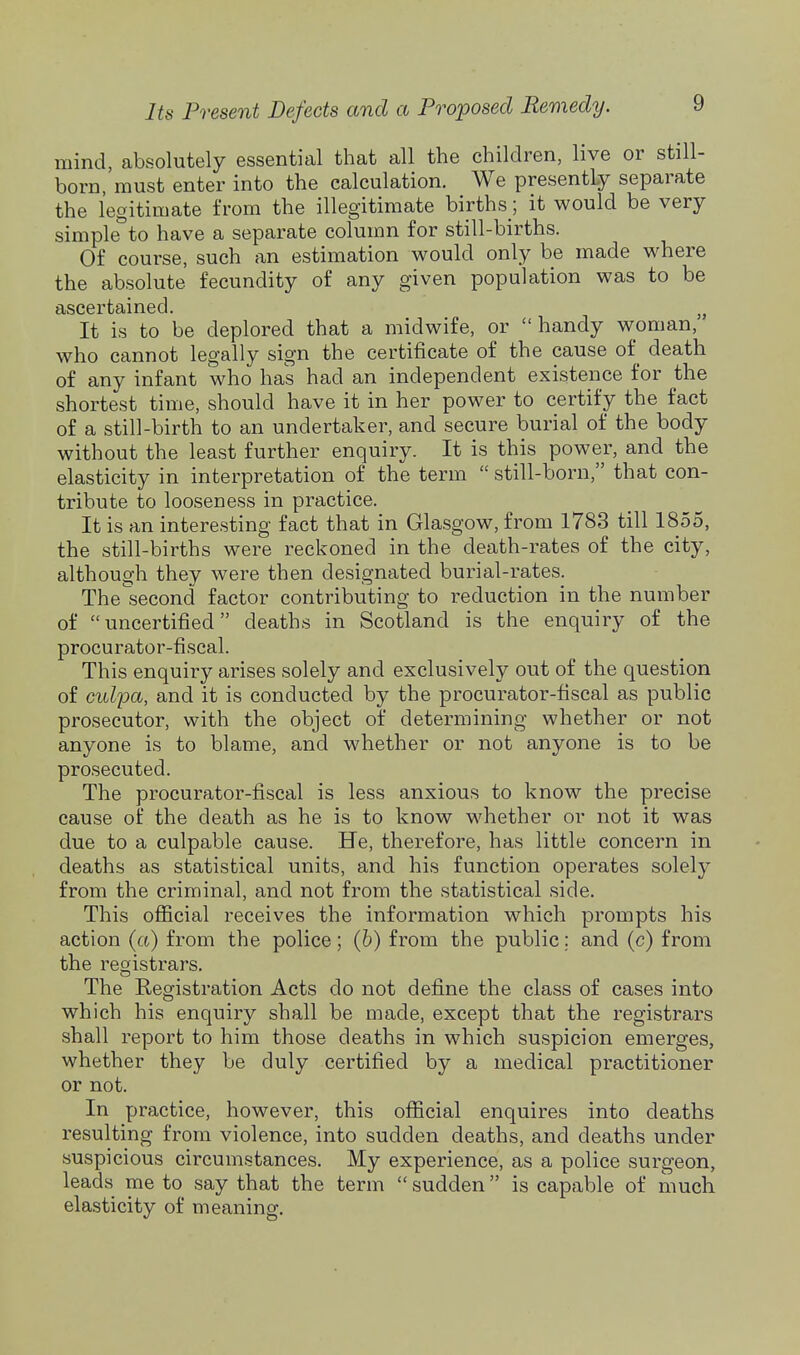 mind, absolutely essential that all the children, live or still- born,'must enter into the calculation. We presently separate the legitimate from the illegitimate births; it would be very simple^to have a separate column for still-births. Of course, such an estimation would only be made where the absolute fecundity of any given population was to be ascertained. It is to be deplored that a midwife, or handy woman, who cannot legally sign the certificate of the cause of_ death of any infant who has had an independent existence for the shortest time, should have it in her power to certify the fact of a still-birth to an undertaker, and secure burial of the body without the least further enquiry. It is this power, and the elasticity in interpretation of the term  still-born, that con- tribute to looseness in practice. It is an interesting fact that in Glasgow, from 1783 till 1855, the still-births were reckoned in the death-rates of the city, although they were then designated burial-rates. The second factor contributing to reduction in the number of uncertified deaths in Scotland is the enquiry of the procurator-fiscal. This enquiry arises solely and exclusively out of the question of culpa, and it is conducted by the procurator-fiscal as public prosecutor, with the object of determining whether or not anyone is to blame, and whether or not anyone is to be prosecuted. The procurator-fiscal is less anxious to know the precise cause of the death as he is to know whether or not it was due to a culpable cause. He, therefore, has little concern in deaths as statistical units, and his function operates solely from the criminal, and not from the statistical side. This official receives the information which prompts his action (a) from the police; (6) from the public; and (c) from the registrars. The Registration Acts do not define the class of cases into which his enquiry shall be made, except that the registrars shall report to him those deaths in which suspicion emerges, whether they be duly certified by a medical practitioner or not. In practice, however, this official enquires into deaths resulting from violence, into sudden deaths, and deaths under suspicious circumstances. My experience, as a police surgeon, leads me to say that the term sudden is capable of much elasticity of meaning.