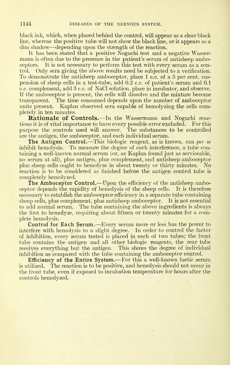 black ink, which, when placed behind the control, will appear as a clear black line, whereas the positive tube will not show the black line, or it appears as a dim shadow—depending upon the strength of the reaction. It has been stated that a positive Noguchi test and a negative Wasser- mann is often due to the presence in the patient's serum of antisheep ambo- ceptors. It is not necessary to perform this test with every serum as a con- trol. Only sera giving the above results need be subjected to a verification. To demonstrate the antisheep amboceptor, place 1 c.c. of a 5 per cent, sus- pension of sheep cells in a test-tube, add 0.2 c.c. of patient's serum and 0.1 c.c. complement, add 3 c.c. of NaCl solution, place in incubator, and observe. If the amboceptor is present, the cells will dissolve and the mixture become transparent. The time consumed depends upon the number of amboceptor units present. Kaplan observed sera capable of hemolyzing the cells com- pletely in ten minutes. Rationale of Controls.—In the Wassermann and Noguchi reac- tions it is of vital importance to have every possible error excluded. For this purpose the controls used will answer. The substances to be controlled are the antigen, the amboceptor, and each individual serum. The Antigen Control.—This biologic reagent, as is known, can per se inhibit hemolysis. To measure the degree of such interference, a tube con- taining a well-known normal serum (or, as Kaplan found just as serviceable, no serum at all), plus antigen, plus complement, and antisheep amboceptor plus sheep cells ought to hemolyze in about twenty or thirty minutes. No reaction is to be considered as finished before the antigen control tube is completely hemolyzed. The Amboceptor Control.—Upon the efficiency of the antisheep ambo- ceptor depends the rapidity of hemolysis of the sheep cells. It is therefore necessary to establish the amboceptor efficiency in a separate tube containing sheep cells, plus complement, plus antisheep amboceptor. It is not essential to add normal serum. The tube containing the above ingredients is always the first to hemolyze, requiring about fifteen or twenty minutes for a com- plete hemolysis. Control for Each Serum.—Every serum more or less has the power to interfere with hemolysis to a slight degree. In order to control the factor of inhibition, every semm tested is placed in each of two tubes; the front tube contains the antigen and all other biologic reagents, the rear tube receives everything but the antigen. This shows the degree of individual inhibition as compared with the tube containing the amboceptor control. Efficiency of the Entire System.—For this a well-known luetic serum is utilized. The reaction is to be positive, and hemolysis should not occur in the front tube, even if exposed to incubation temperature for hours after the controls hemolyzed.