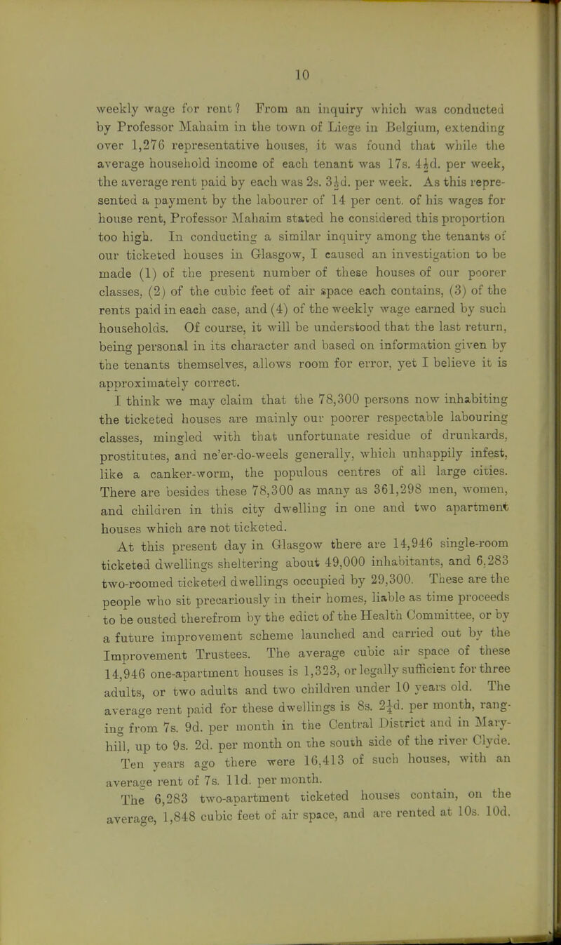 weekly wage for rent 1 From an inquiry which was conducted by Professor Mahaim in the town of Liege in Belgium, extending over 1,276 representative houses, it was found that while the average household income of each tenant was 17s. 44d. per week, the average rent paid by each was 2s. 3 id. per week. As this repre- sented a payment by the labourer of 14 per cent, of his wages for house rent, Professor Mahaim stated he considered this proportion too high. In conducting a similar inquiry among the tenants of our ticketed houses in Glasgow, I caused an investigation to be made (1) of the present number of these houses of our poorer classes, (2) of the cubic feet of air space each contains, (3) of the rents paid in each case, and (4) of the weekly wage earned by such households. Of course, it will be understood that the last return, being personal in its chai'acter and based on information given by the tenants themselves, allows room for error, yet I believe it is approximately correct. I think we may claim that the 78,300 persons now inhabiting the ticketed houses are mainly our poorer respectable labouring classes, mingled with that unfortunate residue of drunkards, prostitutes, and ne'er-do-weels generally, which unhappily infest, like a canker-worm, the populous centres of all large cities. There are besides these 78,300 as many as 361,298 men, women, and children in this city dwelling in one and two apartment houses which are not ticketed. At this present day in Glasgow there are 14,946 single-room ticketed dwellings sheltering about 49,000 inhabitants, and 6.283 two-roomed ticketed dwellings occupied by 29,300. These are the people who sit precariously in their homes, liable as time proceeds to be ousted therefrom by the edict of the Health Committee, or by a future improvement scheme launched and carried out by the Improvement Trustees. The average cubic air space of these 14,946 one-apartment houses is 1,323, or legally sufficient for three adults, or two adults and two children under 10 years old. The average rent paid for these dwellings is 8s. 2£d. per month, rang- ing from 7s. 9d. per month in the Central District and in Mary- hill, up to 9s. 2d. per month on the south side of the river Clyde. Ten years ago there were 16,413 of such houses, with an average rent of 7s. lid. per month. The 6,283 two-apartment ticketed houses contain, on the average, 1,848 cubic feet of air space, and are rented at 10s. lOd.
