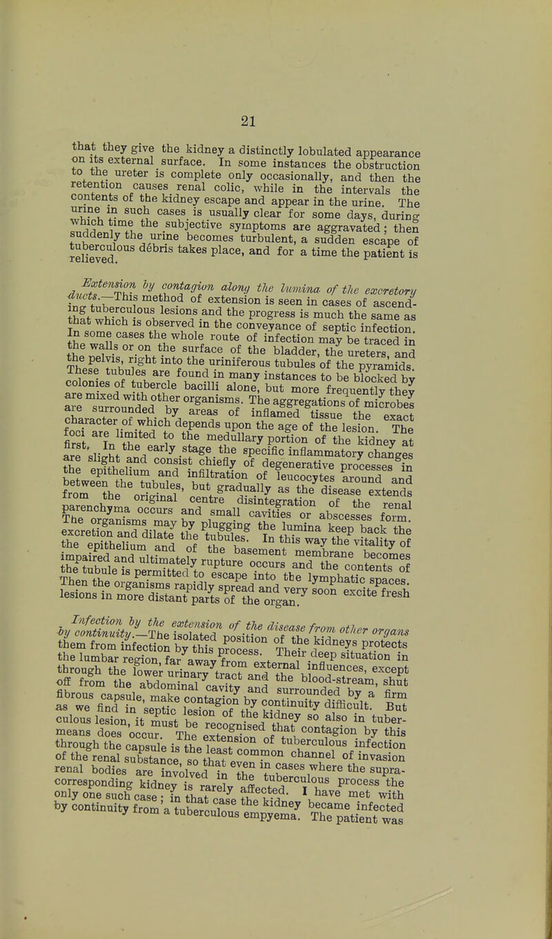 that they give the kidney a distinctly lobulated appearance on Its external surface. In some instances the obstruction to the ureter is complete only occasionally, and then the retention causes_ renal colic, while in the intervals the contents of the kidney escape and appear in the urine. The urine m such cases is usually clear for some days, during rnddpn^lTi, •''^^''^^ symptoms are aggravated; then suddenly the urme becomes turbulent, a sudden escape of Relieve?' ^'^ ^''^ ^ ^'^^ dJfT'^Thf 'r'l'^!^'' t^^e luvdna of the excretory aucts—This method of extension is seen in cases of ascend- hff wvT-°l^''^°°/.^^^ i« t^e same as that which IS observed in the conveyance of septic infection JS/Zf,'^'''*^.l^^°^^. °f infection marbe tracedTn the walls or on the surface of the bladder, the ureters and THpFp V^^* uriniferous tubules of the pyramfds These tubules are found in many instances to be blocked bv colonies of tubercle bacilli alone, but more frequentlv theJ Se Trrou'ntd ' bv -g^-gatioSSbS aie sarrounded by areas of inflamed tissue the exapf- tTl'e^^L^itVtr^'T^^ l-i-- The first In tbP P«r^ medullary portion of the kidney at arf cT ^^ specific inflammatory chanees are slight and consist chiefly of degenerative processes fn the epithelium and infiltration of leucocytes around anS fror?h?^?Sl' but gradually as the'd^LSHxteMs parench^ta Srf anT^^^alf^^^ ablest the lumbar region far . Their deep situation in through the cap,„,e iJt?eSrc:S,^L'°chaS:f or the renal snbstance 00 thaf ■ ^^^^f^hel ot invasion renal bodies ^11°^ °^ In Z 'f °^^'^tere the snpra-