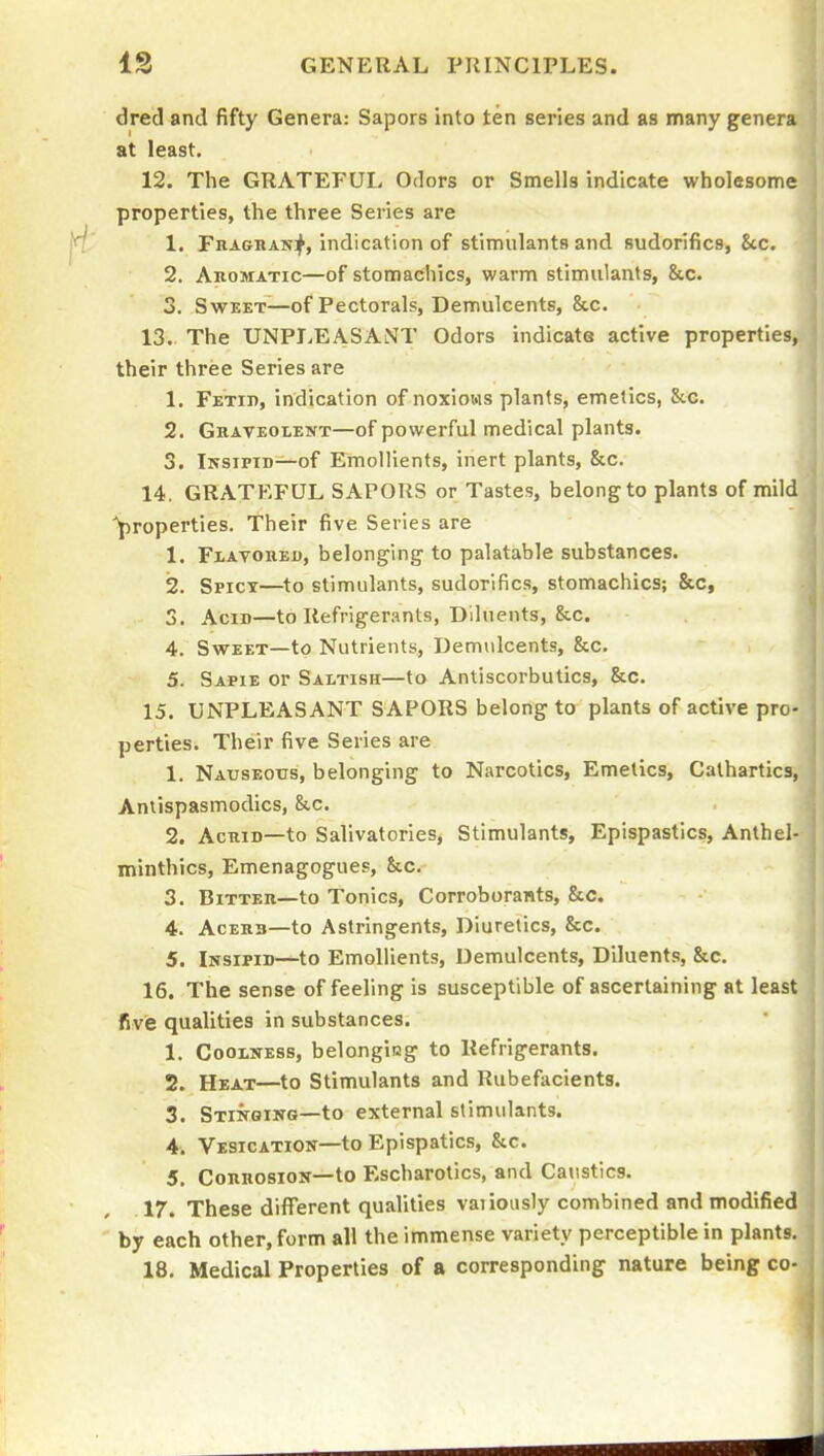 cired and fifty Genera: Sapors into ten series and as many genera at least. 12. The GRATEFUL Odors or Smells indicate wholesome properties, the three Series are 1. pRAGBANif, indication of stimulants and sudorifics, &c. 2. Aromatic—of stomachics, warm stimulants, &c. 3. Sweet—of Pectorals, Demulcents, &c. 13. The UNPLEASANT Odors indicate active properties, their three Series are 1. Fetid, indication of noxioMS plants, emetics, 8tc. 2. GnAVEOLENT—of powcrful medical plants. 3. Insipid—of Emollients, inert plants, &c. 14. GRATEFUL SAPORS or Tastes, belong to plants of mild properties. Their five Series are 1. Fiavohed, belonging to palatable substances. 2. Spicy—to stimulants, sudorifics, stomachics; &c, 3. Acid—to Refrigerants, Diluents, &c. 4. Sweet—to Nutrients, Demulcents, &c. 5. Sapie or Saltish—to Antiscorbutics, &c. 15. UNPLEASANT SAPORS belong to plants of active pro- perties. Their five Series are 1. Nauseous, belonging to Narcotics, Emetics, Cathartics, Antispasmodics, &.c. 2. AcHiD—to Salivatories, Stimulants, Epispastics, Anthel- minthics, Emenagogues, &c. 3. Bitter—to Tonics, Corroborants, &c. 4. Acerb—to Astringents, Diuretics, &c. 5. Insipid—to Emollients, Demulcents, Diluents, &c. 16. The sense of feeling is susceptible of ascertaining at least five qualities in substances. 1. Coolness, belonging to Refrigerants. 2. Heat—to Stimulants and Rubefacients. 3. Stinbing—to external stimulants. 4. Vesication—to Epispatics, &c. 5. Corrosion—to Escharotics, and Caustics. 17. These different qualities vaiiously combined and modified by each other, form all the immense variety perceptible in plants. 18. Medical Properties of a corresponding nature being co- ll