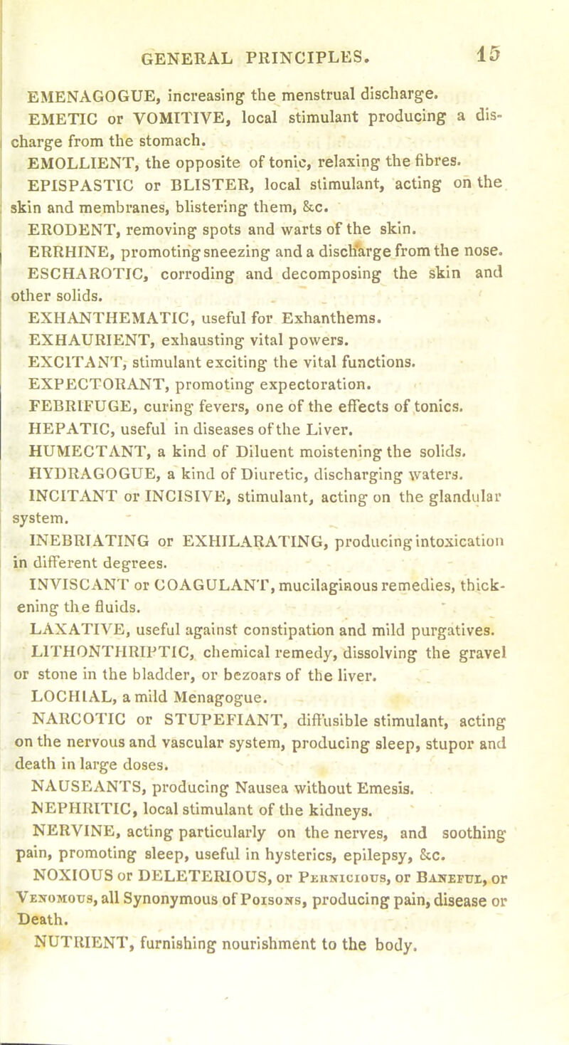 EMENAGOGUE, increasing the menstrual discharge. EMETIC or VOMITIVE, local stimulant producing a dis- charge from the stomach. EMOLLIENT, the opposite of tonic, relaxing the fibres. EPISPASTIC or BLISTER, local stimulant, acting on the skin and membranes, blistering them, &c. ERODENT, removing spots and warts of the skin. ERRHINE, promoting sneezing and a discharge from the nose. ESCHAROTIC, corroding and decomposing the skin and other solids. EXHANTHEMATIC, useful for Exhanthems. ■•. EXHAURIENT, exhausting vital powers. EXCITANT, stimulant exciting the vital functions. EXPECTORANT, promoting expectoration. FEBRIFUGE, curing fevers, one of the effects of tonics. HEPATIC, useful in diseases of the Liver. HUMECTANT, a kind of Diluent moistening the solids. HYDRAGOGUE, a kind of Diuretic, discharging waters. INCITANT or INCISIVE, stimulant, acting on the glandular system, INEBRIATING or EXHILARATING, producing intoxication in different degrees. . ■ - - INVISCANT or COAGULANT, mucilagiaous remedies, thick- ening tlie fluids. LAXATIVE, useful against constipation and mild purgatives. LITHONTHRIPTIC, chemical remedy, dissolving the gravel or stone in the bladder, or bezoars of the liver. LOCHIAL, a mild Menagogue. NARCOTIC or STUPEFIANT, diffusible stimulant, acting on the nervous and vascular system, producing sleep, stupor and death in large doses. NAUSEANTS, producing Nausea without Emesis. NEPHRITIC, local stimulant of the kidneys. NERVINE, acting particularly on the nerves, and soothing pain, promoting sleep, useful in hysterics, epilepsy, &c. NOXIOUS or DELETERIOUS, or Pkhnicious, or BAUEFur, or Vejtomous, all Synonymous of Poisons, producing pain, disease or Death. NUTRIENT, furnishing nourishment to the body.