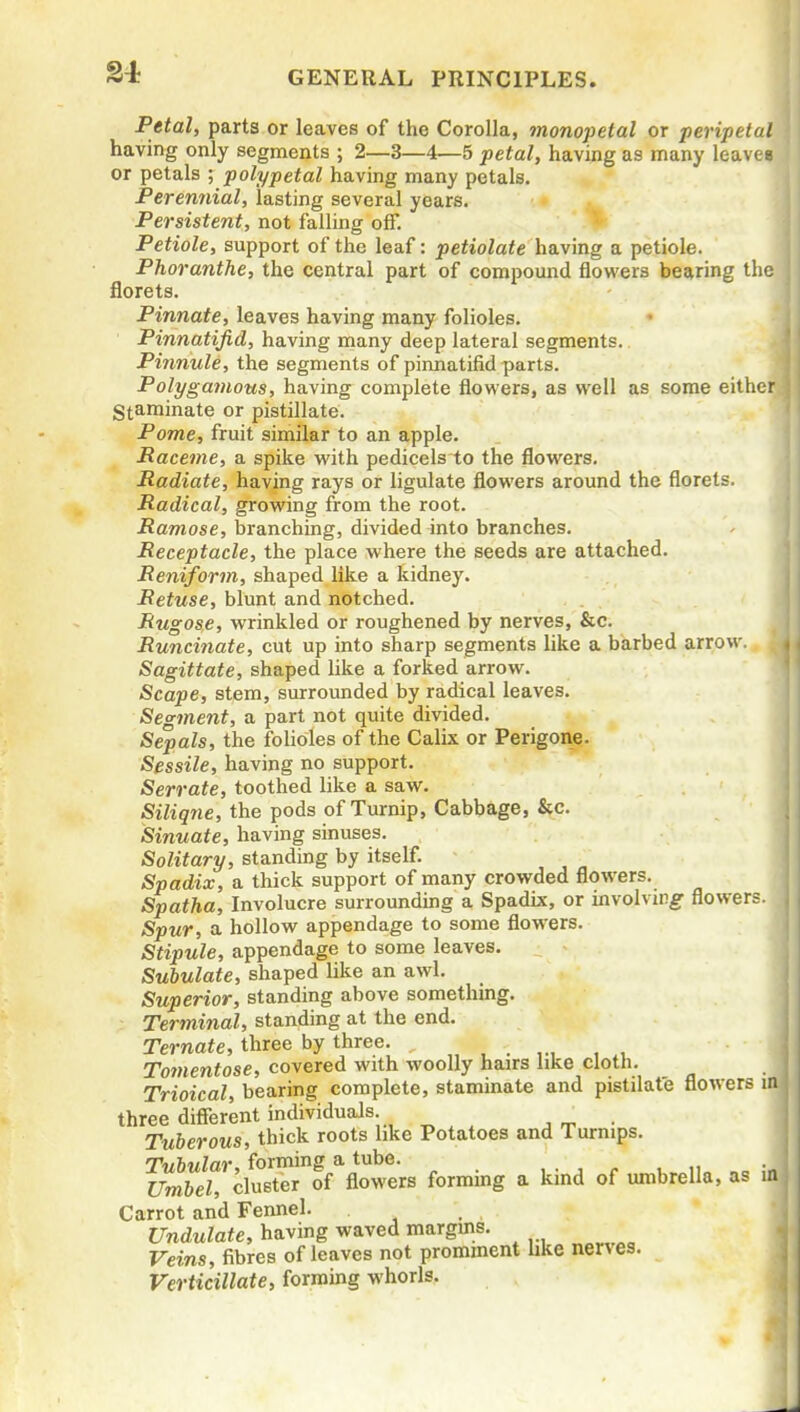 Petal, parts or leaves of the Corolla, monopetal or peripetot having only segments ; 2—3—4—5 petal, having as many leaves or petals ; polypetal having many petals. Perennial, lasting several years. Persistent, not falling off. Petiole, support of the leaf: petiolate having a petiole. Phoranthe, the central part of compound flowers bearing the florets. Pinnate, leaves having many folioles. Pinnatifid, having many deep lateral segments. Pi7inule, the segments of pinnatifid parts. Polygainous, having complete flowers, as well as some either Staminate or pistillate. Pome, fruit similar to an apple. Raceme, a spike with pedicels to the flowers. Radiate, having rays or ligulate flowers around the florets. Radical, growing from the root. Ramose, branching, divided into branches. Receptacle, the place where the seeds are attached. Reniform, shaped like a kidney. Retuse, blunt and notched. Rugose, wrinkled or roughened by nerves, &c. Runcinate, cut up into sharp segments like a barbed arrow. Sagittate, shaped like a forked arrow. Scape, stem, surrounded by radical leaves. Segment, a part not quite divided. Sepals, the folioles of the Calix or Perigone. Sessile, having no support. Serrate, toothed like a saw. Siliqne, the pods of Turnip, Cabbage, &c. Sinuate, having sinuses. Solitary, standing by itself. Spadix, a thick support of many crowded flowers. Spatha, Involucre surrounding a Spadix, or ia\ohwg flowers. Spur, a hollow appendage to some flowers. Stipule, appendage to some leaves. Subulate, shaped like an awl. Superior, standing above something. Terminal, standing at the end. Ternate, three by three. , . ,., , , Tomentose, covered with woolly hairs like cloth. Trioical, bearing complete, staminate and pistilate flowers in three different individuals Tuberous, thick roots like Potatoes and Turnips. Tubular forming a tube. Umbel, cluster of flowers forming a kind of umbrella, as in Carrot and Fennel. Undulate, having waved margins. Veins, fibres of leaves not prominent like nerves. Verticillate, forming whorls.