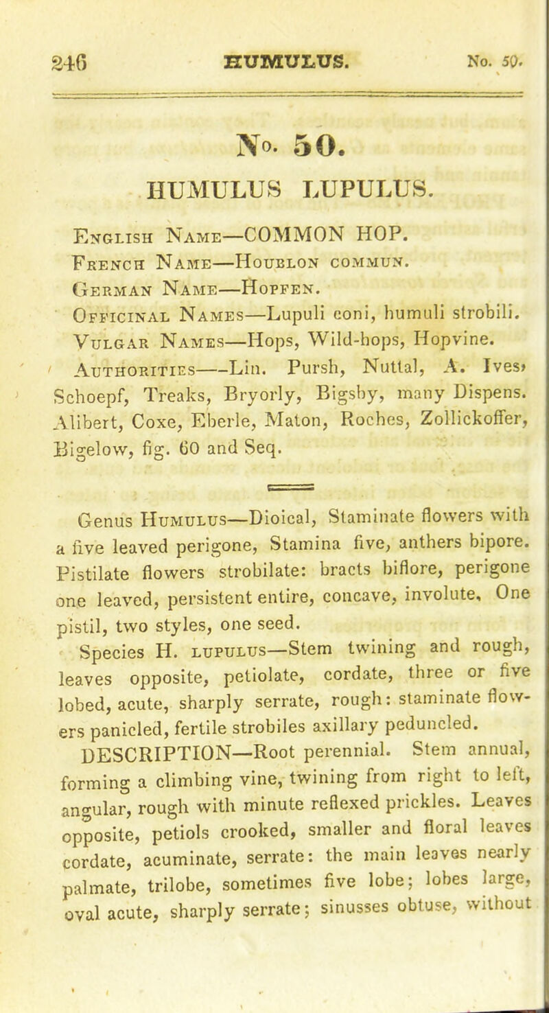 No. 50. HUMULUS LUPULUS. English Name—COMMON HOP. French Name—Houblon commun. German Name—Hopfen. Officinal Names—Lupuli coni, humuli strobili. Vulgar Names—Hops, Wild-hops, Hopvine. Authorities Lin. Pursh, Nuttal, A. Ives> Schoepf, Treaks, Bryorly, Bigsby, many Dispens. Alibert, Coxe, Eberle, Maton, Roches, Zollickoffer, Bigelow, fig. (30 and Seq. Genus Humulus—Dioical, Staminate flowers with a five leaved perigone, Stamina five, anthers bipore. Pistilate flowers strobilate: bracts biflore, perigone one leaved, persistent entire, concave, involute. One pistil, two styles, one seed. Species H. lupulus—Stem twining and rough, leaves opposite, petiolate, cordate, three or five lobed, acute, sharply serrate, rough: staminate flow- ers panicled, fertile strobiles axillary peduncled. DESCRIPTION—Root perennial. Stem annual, forming a climbing vine, twining from right to left, angular, rough with minute reflexed prickles. Leaves opposite, petiols crooked, smaller and floral leaves cordate, acuminate, serrate: the main leaves nearly palmate, trilobe, sometimes five lobe; lobes large, oval acute, sharply serrate; sinusses obtuse, without