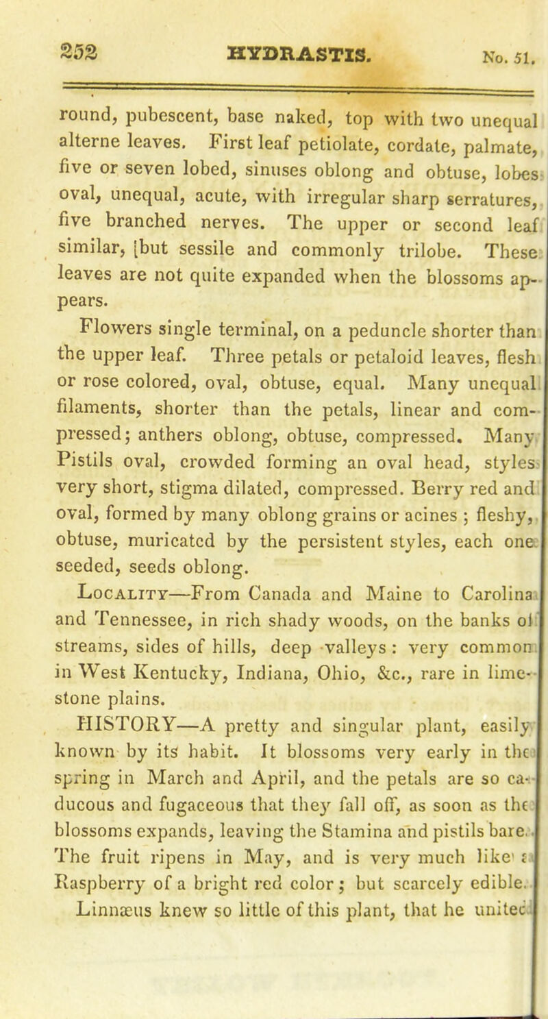 round, pubescent, base naked, top with two unequal alterne leaves. First leaf petiolate, cordate, palmate, five or seven lobed, sinuses oblong and obtuse, lobes; oval, unequal, acute, with irregular sharp serratures, five branched nerves. The upper or second leaf similar, [but sessile and commonly trilobe. These leaves are not quite expanded when the blossoms ap- pears. Flowers single terminal, on a peduncle shorter than the upper leaf. Three petals or petaloid leaves, flesh or rose colored, oval, obtuse, equal. Many unequal filaments, shorter than the petals, linear and com- pressed; anthers oblong, obtuse, compressed. Many. Pistils oval, crowded forming an oval head, styles very short, stigma dilated, compressed. Berry red and oval, formed by many oblong grains or acines ; fleshy,, obtuse, muricatcd by the persistent styles, each one seeded, seeds oblong. Locality—From Canada and Maine to Carolina, and Tennessee, in rich shady woods, on the banks oJ streams, sides of hills, deep valleys: very common, in West Kentucky, Indiana, Ohio, &c., rare in lime- stone plains. HISTORY—A pretty and singular plant, easily known by its habit. It blossoms very early in thea spring in March and April, and the petals are so ca-i- ducous and fugaceous that the)'- fall off, as soon as the: blossoms expands, leaving the Stamina and pistils bare.. The fruit ripens in May, and is very much like' j.i Raspberry of a bright red color; but scarcely edible. LinnjEUs knew so little of this plant, that he uniteci