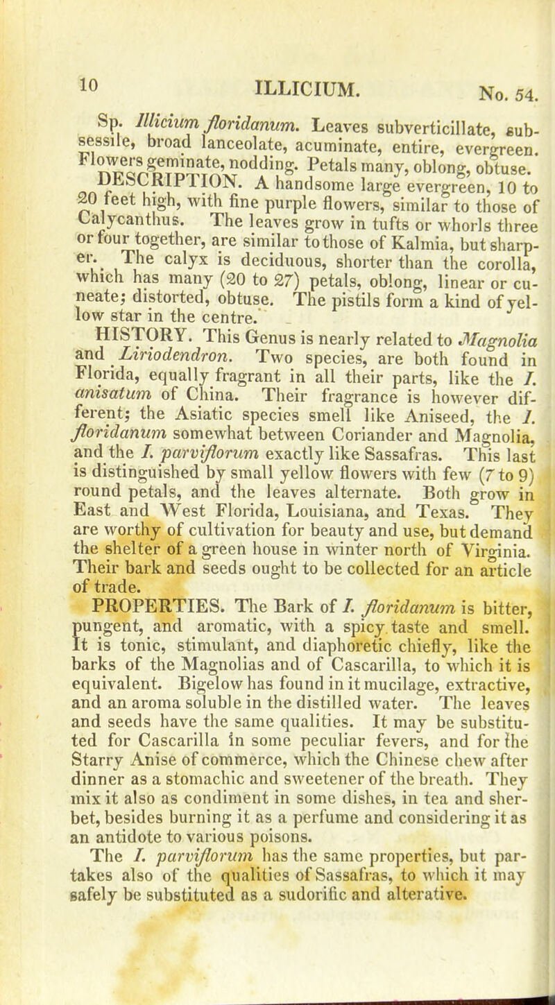 Sp. Illidum floridanum. Leaves subverticillate, fiub- sessile, broad lanceolate, acuminate, entire, evergreen. nT^^f ri^Tm'M'^f J^^^I^^^^^J' ^^ong, obtuse. iJ^iOlvKiJf'llUJN. A handsome large evergreen, 10 to 20 feet high, with fine purple flowers, similar to those of Caiycanthus. The leaves grow in tufts or whorls three or four together, are similar to those of Kalmia, but sharp- er. The calyx is deciduous, shorter than the corolla, which has many (20 to £7) petals, oblong, linear or cu- neate; distorted, obtuse. The pistils form a kind of yel- low star in the centre. HISTORY. This Genus is nearly related to Magnolia a.nd Liriodendron. Two species, are both found in Florida, equally fragrant in all their parts, like the /. amsatum of China. Their fragrance is however dif- ferent; the Asiatic species smell like Aniseed, the 1. floridanum somewhat between Coriander and Magnolia, and the /. parviflorum exactly like Sassafras. This last is distinguished by small yellow flowers with few (7 to 9) round petals, and the leaves alternate. Both grow in East and West Florida, Louisiana, and Texas. They are worthy of cultivation for beauty and use, but demand the shelter of a green house in winter north of Virginia. Their bark and seeds ought to be collected for an article of trade. PROPERTIES. The Bark of /. floridanum is bitter, pungent, and aromatic, with a spicy, taste and smell. It is tonic, stimulant, and diaphoretic chiefly, like the barks of the Magnolias and of Cascarilla, to which it is equivalent. Bigelow has found in it mucilage, extractive, and an aroma soluble in the distilled water. The leaves and seeds have the same qualities. It may be substitu- ted for Cascarilla in some peculiar fevers, and for Ihe Starry Anise of commerce, which the Chinese chew after dinner as a stomachic and sweetener of the breath. They mix it also as condiment in some dishes, in tea and sher- bet, besides burning it as a perfume and considering it as an antidote to various poisons. The /. parviflorum has the same properties, but par- takes also of the qualities of Sassafras, to which it may gafely be substitutea as a sudorific and alterative.