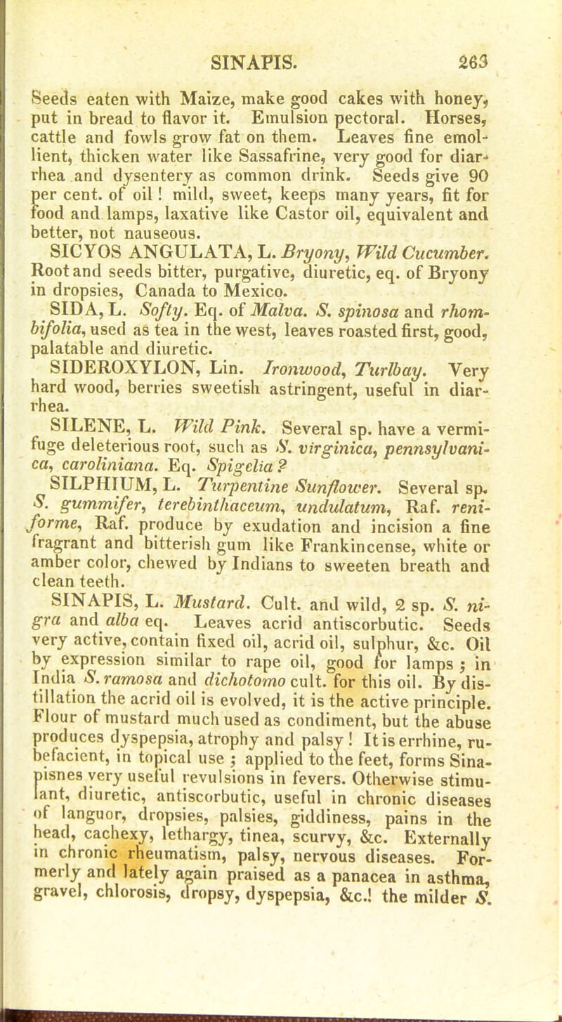 SINAPIS. ^63 Seeds eaten with Maize, make good cakes with honey, put in bread to flavor it. Emulsion pectoral. Horses, cattle and fowls grow fat on them. Leaves fine emol- lient, thicken water like Sassafrine, very good for diar-* rhea and dysentery as common drink. Seeds give 90 per cent, of oil! mild, sweet, keeps many years, fit for food and lamps, laxative like Castor oil, equivalent and better, not nauseous. SICYOS ANGULATA, L. Bryony, Wild Cucumber. Root and seeds bitter, purgative, diuretic, eq. of Bryony in dropsies, Canada to Mexico. ^ SIDA, L. Softy. Eq. of Malva. S. spinosa and rhom- bifolia, used as tea in the vy^est, leaves roasted first, good, palatable and diuretic. SIDEROXYLON, Lin. Ironwood, Turlbay. Very hard wood, berries sweetish astringent, useful in diar- rhea. SILENE, L. Wild Pink. Several sp. have a vermi- fuge deleterious root, such as S. virginica, pennsylvani- ca, caroliniana. Eq. Spigelia? SILPHIUM, L. Turpentine Sunflower. Several sp. S. gummifer, terebinthaceum, undulatum, Raf. reni- forme, Raf. produce by exudation and incision a fine fragrant and bitterish gum like Frankincense, white or amber color, chewed by Indians to sweeten breath and clean teeth. SINAPIS, L. Mustard. Cult, and wild, 2 sp. S. ni- gra and alba eq. Leaves acrid antiscorbutic. Seeds very active, contain fixed oil, acrid oil, sulphur, &c. Oil by expression similar to rape oil, good for lamps j in India S.ramosa and dichotomo cn\t. for this oil. By dis- tillation the acrid oil is evolved, it is the active principle. Flour of mustard much used as condiment, but the abuse produces dyspepsia, atrophy and palsy ! Itiserrhine, ru- befacient, in topical use ; applied to the feet, forms Sina- msnes very useful revulsions in fevers. Otherwise stimu- lant, diuretic, antiscorbutic, useful in chronic diseases of languor, dropsies, palsies, giddiness, pains in the head, cachexy, lethargy, tinea, scurvy, &c. Externally in chronic rheumatism, palsy, nervous diseases. For- merly and lately again praised as a panacea in asthma, gravel, chlorosis, dropsy, dyspepsia, &c.! the milder S.