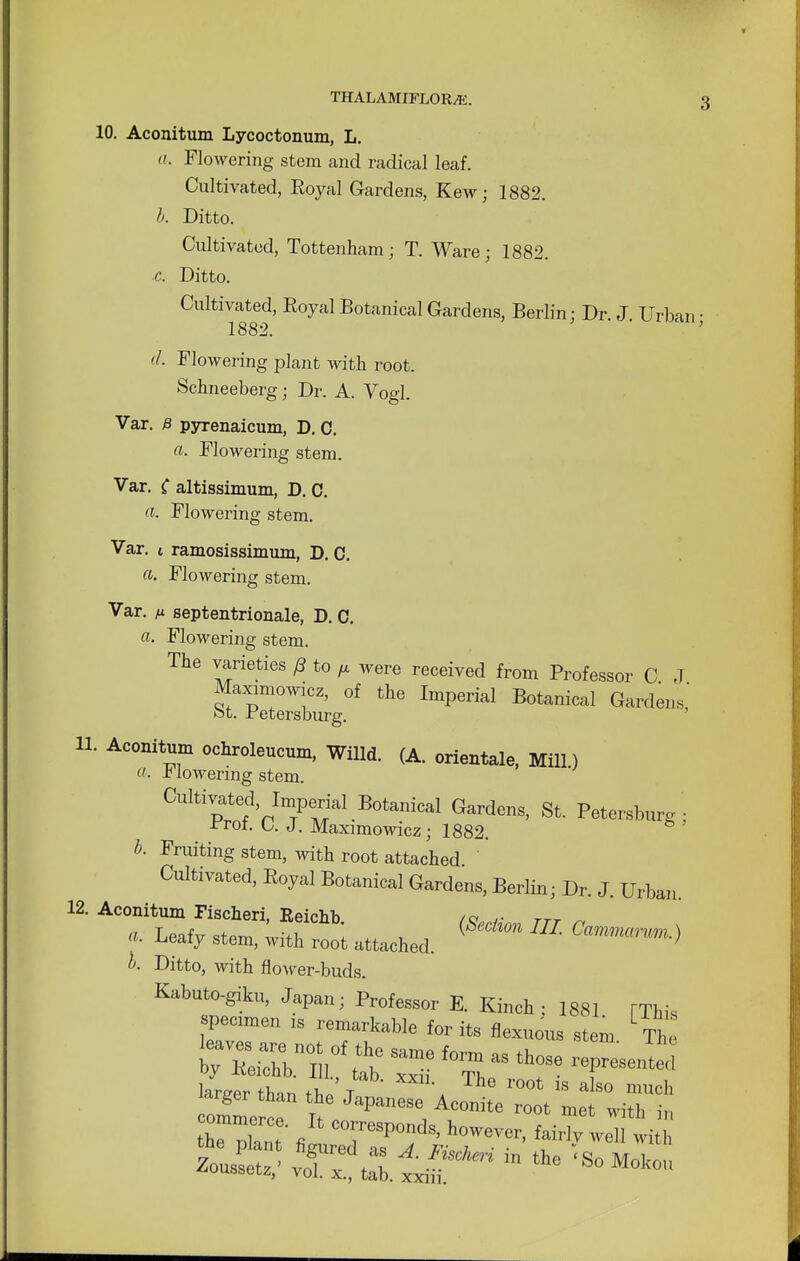 10. Aconitum Lycoctonum, L. a. Flowering stem and radical leaf. Cultivated, Royal Gardens, Kew; 1882. b. Ditto. Cultivated, Tottenham; T. Ware; 1882. c. Ditto. Cultivated, Royal Botanical Gardens, Berlin; Dr. J. Urban; 1882. d. Flowering plant with root. Schneeberg; Dr. A. Vogl. Var. e pyrenaicmn, D. C. a. Flowering stem. Var. C altissimum, D. C. a. Flowering stem. Var. t ramosissimum, D. 0. a. Flowering stem. Var. p septentrionale, D. C. a. Flowering stem. The varieties p to f, were received from Professor C .1 Maximowicz, of the Imperial Botanical Gardens,' ot. if etersburg. H. Aconitum ochroleucum, Willd. (A. orientale, Mill) a. a lowering stem. Cultivated Imperial Botanical Gardens, St. Petersburg ; Jrrof. C. J. Maximowicz; 1882. b. Fruiting stem, with root attached Cultivated, Royal Botanical Gardens, Berlin; Dr. J. Urban. 12. Aconitum Fischeri, Reichb. /<yw. rrr „ a. Leafy stem, with root attached. (** ^ °<—) o. Ditto, with flower-buds. Kabuto-giku, Japan; Professor E. Kinch ; 1881 TThis specimen is remarkable for its flexuous stem The tab Si thTQ TeSe commerce. It corresponds, however, fairly well with