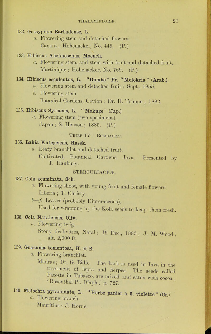 132. Gossypium Barbadense, L. a. Flowering stem and detached flowers. Canara ; Hohenacker, No. 449, (P.) 133. Hibiscus Abelmoschus, Moench. a. Flowering stem, and stem with fruit and detached fruit. Martinique; Hohenacker, No. 769. (P.) 134. Hibiscus esculentus, L. Gombo Fr. Melokria (Arab.) a. Flowering stem and detached fruit; Sept., 1855. b. Flowering stem. Botanical Gardens, Ceylon; Dr. H. Trimen ; 1882. 135. Hibiscus Syriacus, L. Mokuge (Jap.) a. Flowering stem (two specimens). Japan; S. Henson ; 1885. (P.) Tribe IV. Bombace/e. 136. Labia Kutegensis, Hassk. a. Leafy branchlet and detached fruit. Cultivated, Botanical Gardens, Java. Presented by T. Hanbury. STERCULIACEiE. 137. Cola acuminata, Sch. a. Flowering shoot, with young fruit and female flowers. Liberia; T. Christy. b—f. Leaves (probably Dipteraceous). Used for wrapping up the Kola seeds to keep them fresh. 138. Cola Natalensis, Oliv. a. Flowering twig. Stony declivities, Natal; 19 Dec, 1883 ; J. M Wood • alt. 2,000 ft. 139. Guazuma tomentosa, H. et B. a. Flowering branchlet. Madras; Dr. G. Bidie. The bark is used in Java in the treatment of lepra and herpes. The seeds called Patoste m Tabasco, are mixed and eaten with cocoa • 'Rosenthal PI. Diaph.,' p. 727. 140. Melochra pyramidata, L. Herbe panier a fl. violette  (Cr) a. t lowering branch. Mauritius ; J. Horne.