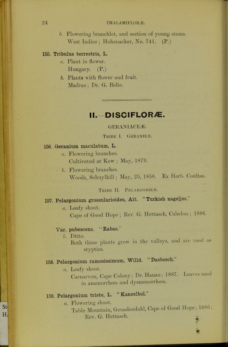 b. Flowering branchlet, and section of young stems. West Indies; Hohenacker, No. 741. (P.) 155. Tribulus terrestris, L. a. Plant in flower. Hungary. (P.) b. Plants with flower and fruit. Madras ; Dr. G. Bidie. II-—DISCIFLORJE. GERANIACEJi. Tribk I. Geranie.e. 156. Geranium maculatum, L. a. Flowering branches. Cultivated at Kew ; May, 1879. b. Flowering branches. Woods, Schuylkill; May, 25, 1858. Ex Herb. Coultas. Tribe II. Pelargonie^. 157. Pelargonium grossularioides, Ait. Turkish nageljes. a. Leafy shoot. Cape of Good Hope ; Rev. G. Hettasch, Caledon ; 1886. Var. pubescens. Rabas. b. Ditto. Both these plants grow in the valleys, and are used as styptics. 158. Pelargonium ramosissimum, Willd.  Dasbosch. a. Leafy shoot. Carnarvon, Cape Colony; Dr. Hanau; 1887. Leaves used in amenorrhcea and dysmenorrhea. 159. Pelargonium triste, L.  Kaneelbol. a. Flowering shoot. Table Mountain, Genadendabl, Cape of Good Hope; 1886 ; Rev. G. Hettasch. -