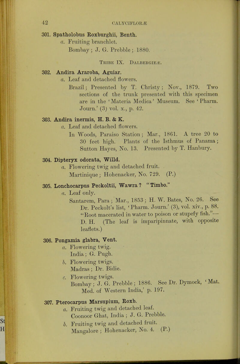 301. Spatholobus Roxburghii, Benth. a. Fruiting branchlot. Bombay; J. G. Prebble; 1880. Teibe IX. Dalbebgie/e. 302. Andira Araroba, Aguiar. a. Leaf and detached flowers. Brazil; Presented by T. Christy; Nov., 1879. Two sections of the trunk presented with this specimen are in the ' Materia Medica' Museum. See ' Pharm. Journ.' (3) vol. x., p. 42. 303. Andira inermis, H. B. & K. a. Leaf and detached flowers. In Woods, Paraiso Station; Mar., 1861. A tree 20 to 30 feet high. Plants of the Isthmus of Panama; Sutton Hayes, No. 13. Presented by T. Hanbury. 304. Dipteryx odorata, Willd. a. Flowering twig and detached fruit. Martinique; Hohenacker, No. 729. (P.) 305. Lonchocarpus Peckoltii, Wawra ?  Timbo. a. Leaf only. Santarem, Para ; Mar., 1853; H. W. Bates, No. 26. See Dr. Peckolt's list, ' Pharm. Journ.' (3), vol. xiv., p. 88. Boot macerated in water to poison or stupefy fish.— D. H. (The leaf is imparipinnate, with opposite leaflets.) 306. Pongamia glabra, Vent. a. Flowering twig. India; G. Pugh. b. Flowering twigs. Madras; Dr. Bidie. c. Flowering twigs. Bombay ; J. G. Prebble; 1886. See Dr. Dymock, ' Mat. Med. of Western India,' p. 197. 307. Pterocarpus Marsupium, Roxb. a. Fruiting twig and detached leaf. Coonoor Ghat, India ; J. G. Prebble. b. Fruiting twig and detached fruit. Mangalore ; Hohenacker, No. 4. (P.)