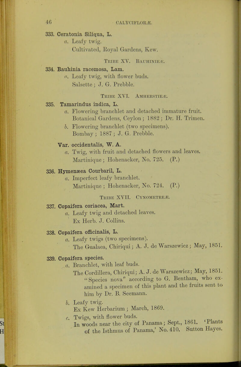 333. Ceratonia Siliqua, L. a. Leafy twig. Cultivated, Royal Gardens, Kew. Tribe XV. Bauhinie i . 334. Bauhinia racemosa, Lam. a. Leafy twig, Math flower buds. Salsette ; J. G. Prebble. Tribe XVI. Ammkiistik/e. 335. Tamarindus indica, L. ft. Flowering branchlet and detached immature fruit. Botanical Gardens, Ceylon; 1882 ; Dr. H. Trimen. b. Flowering branchlet (two specimens). Bombay ; 1887 ; J. G. Prebble. Var. occidentalis, W. A. ft. Twig, with fruit and detached flowers and leaves. Martinique ; Hohenacker, No. 725. (P.) 336. Hymenaeea Courbaril, L. ft. Imperfect leafy branchlet. Martinique ; Hohenacker, No. 724. (P.) Tkibe XVII. CynometrEjE. 337. Copaifera coriacea, Mart. a. Leafy twig and detached leaves. Ex Herb. J. Collins. 338. Copaifera officinalis, L. ft. Leafy twigs (two specimens). The Gualaea, Chiriqui; A. J. de Warszewicz; May, 1851. 339. Copaifera species. ft. Branchlet, with leaf buds. The Cordillera, Chiriqui; A. J. de Warszewicz; May, 1851. Species nova according to G. Bentham, who ex- amined a specimen of this plant and the fruits sent to him by Dr. B. Seemann. b. Leafy twig. Ex Kew Herbarium ; March, 1869. c. Twigs, with flower buds. In woods near the city of Panama; Sept., 1861. 'Plants of the Isthmus of Panama,' No. 410. Sutton Hayes.