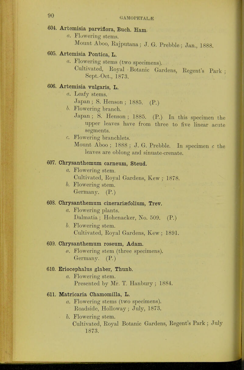 9^ GAMOPETALJE 604. Artemisia parviflora, Buch. Ham. a. Flowering stems. Mount Aboo, Rajputana; J. G. Prebble; Jan, 1888. 605. Artemisia Pontica, L. a. Flowering stems (two specimens). Cultivated, Royal Botanic Gardens, Regent's Park • Sept.-Oct, 1873. 606. Artemisia vulgaris, L. a. Leafy stems. Japan; S. Henson ; 1885. (P.) h. Flowering branch. Japan ; S. Henson ; 1885. (P.) In this specimen the upper leaves have from three to five linear acute segments, c. Flowering branchlets. Mount Aboo ; 1888 ; J. G. Prebble. In specimen c the leaves are oblong and sinuate-crenate. 607. Chrysanthemum carneum, Steud. a. Flowering stem. Cultivated, Royal Gardens, Kew ; 1878. b. Flowering stem. Germany. (P.) 608. Chrysanthemum cinerariaefolium, Trev. a. Flowering plants. Dalmatia; Hohenacker, No. 509. (P.) b. Flowering stem. Cultivated, Royal Gardens, Kew; 1891. 609. Chrysanthemum roseum, Adam. a. Flowering stem (three specimens). Germany. (P.) 610. Eriocephalus glaher, Thunh. a. Flowering stem. Presented by Mr. T. Hanbury ; 1884. 611. Matricaria Chamomilla, L. a. Flowering stems (two specimens). Roadside, Holloway; July, 1873. • b. Flowering stem. Cultivated, Royal Botanic Gardens, Regent's Park ; July 1873.