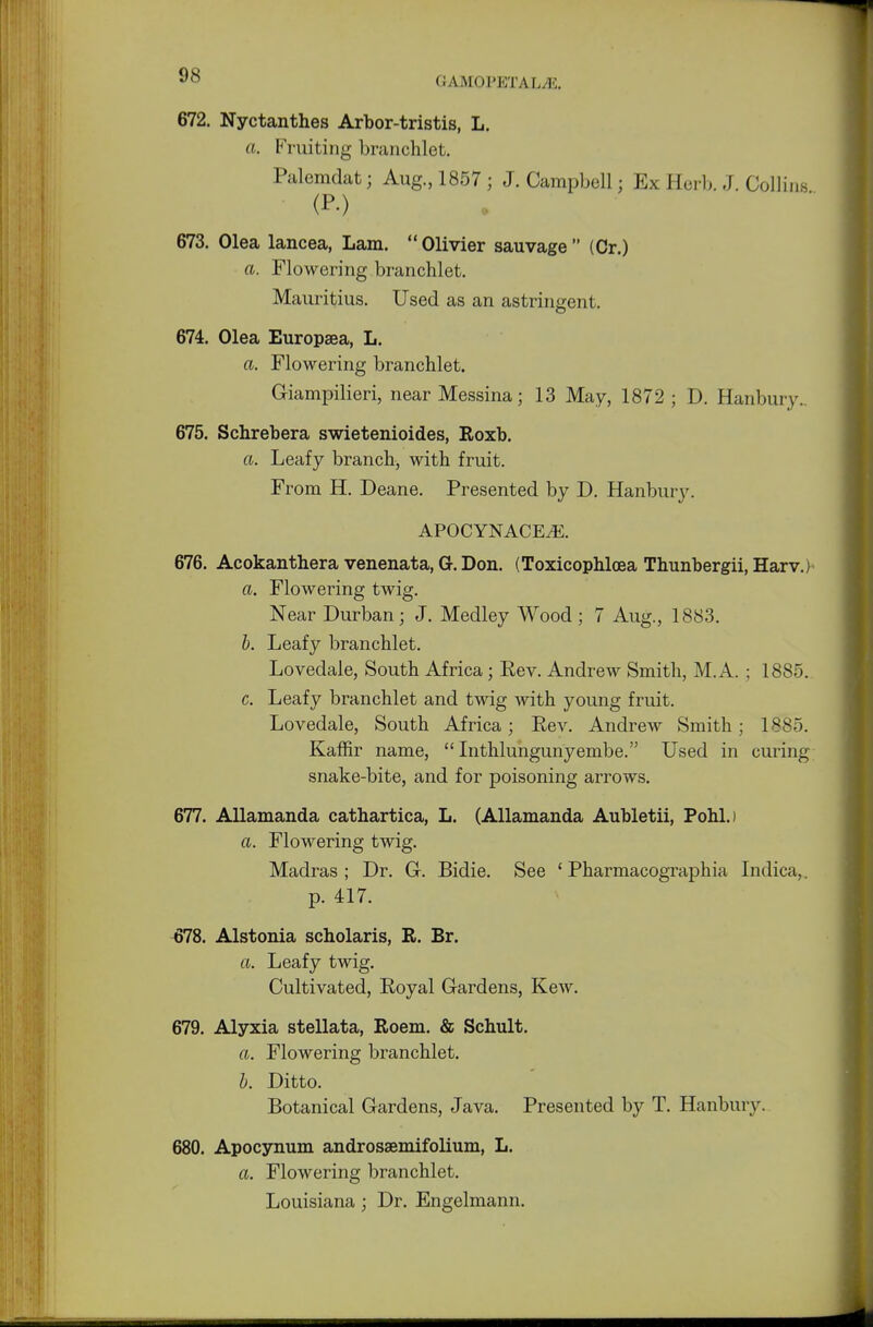 GAMOI'ETAL/K 672. Nyctanthes Arbor-tristis, L. a. Fruiting branchlet. Palcmdat; Aug., 1857 ; J. Campbell; Ex Herb. J. Collins 673. Olea lancea, Lam. Olivier sauvage  (Or.) ft. Flowering branchlet. Mauritius. Used as an astringent. 674. Olea Europaea, L. ft. Flowering branchlet. Giampilieri, near Messina; 13 May, 1872 ; D. Hanburv. 675. Schrebera swietenioides, Roxb. a. Leafy branch, with fruit. From H. Deane. Presented by D. Hanbuiy. APOCYNACEtE. 676. Acokanthera venenata, G. Don. (Toxicophloea Thunbergii, Harv.) a. Flowering twig. Near Durban; J. Medley Wood ; 7 Aug., 1883. b. Leafy branchlet. Lovedale, South Africa; Eev. Andrew Smith, M.A.; 1885. c. Leafy branchlet and twig with young fruit. Lovedale, South Africa; Rev. Andrew Smith; 1885. Kaffir name,  Inthlungunyembe. Used in curing snake-bite, and for poisoning arrows. 677. Allamanda cathartica, L. (Allamanda Aubletii, Pohl.) a. Flowering twig. Madras; Dr. G-. Bidie. See £ Pharmacographia Indica,. p. 417. 678. Alstonia scholaris, R. Br. a. Leafy twig. Cultivated, Royal Gardens, Kew. 679. Alyxia stellata, Roem. & Schult. ft. Flowering branchlet. b. Ditto. Botanical Gardens, Java. Presented by T. Hanburv. 680. Apocynum androssemifolium, L. ft. Flowering branchlet. Louisiana; Dr. Engelmann.