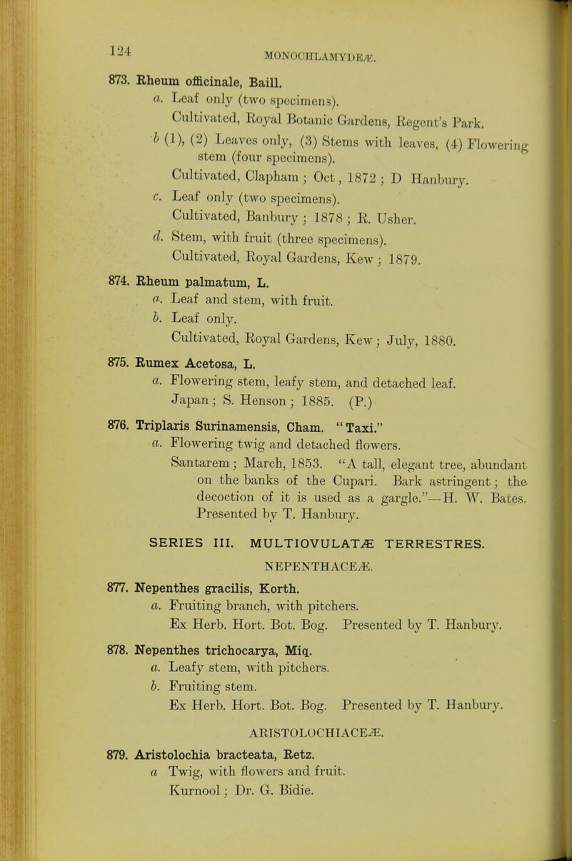 MONOCHLAMYDB/E. 873. Rheum officinale, Baill. a. Leaf only (two specimens). Cultivated, Royal Botanic Gardens, Regent's Park. b (1), (2) Leaves only, (3) Stems with leaves, (4) Flowering stem (four specimens). Cultivated, Clapham ; Oct, 1872; D Hanbury. c. Leaf only (two specimens). Cultivated, Banbury ; 1878 ; R. Usher. d. Stem, with fruit (three specimens). Cultivated, Royal Gardens, Kew ; 1879. 874. Rheum palmatum, L. a. Leaf and stem, with fruit. b. Leaf only. Cultivated, Royal Gardens, Kew; July, 1880. 875. Rumex Acetosa, L. a. Flowering stem, leafy stem, and detached leaf. Japan; S. Henson ; 1885. (P.) 876. Triplaris Surinamensis, Cham.  Taxi. a. Flowering twig and detached flowers. Santarem; March, 1853. A tall, elegant tree, abundant on the banks of the Cupari. Bark astringent; the decoction of it is used as a gargle.—H. W. Bates. Presented by T. Hanbury. SERIES III. MULTIOVULAT^E TERRESTRES. NEPENTHACEiE. 877. Nepenthes gracilis, Korth. a. Fruiting branch, with pitchers. Ex Herb. Hort. Bot. Bog. Presented by T. Hanbury. 878. Nepenthes trichocarya, Miq. a. Leafy stem, with pitchers. b. Fruiting stem. Ex Herb. Hort. Bot. Bog. Presented by T. Hanbury. ARISTOLOCHIACE^E. 879. Aristolochia bracteata, Retz. a Twig, with flowers and fruit. Kurnool; Dr. G. Bidie.