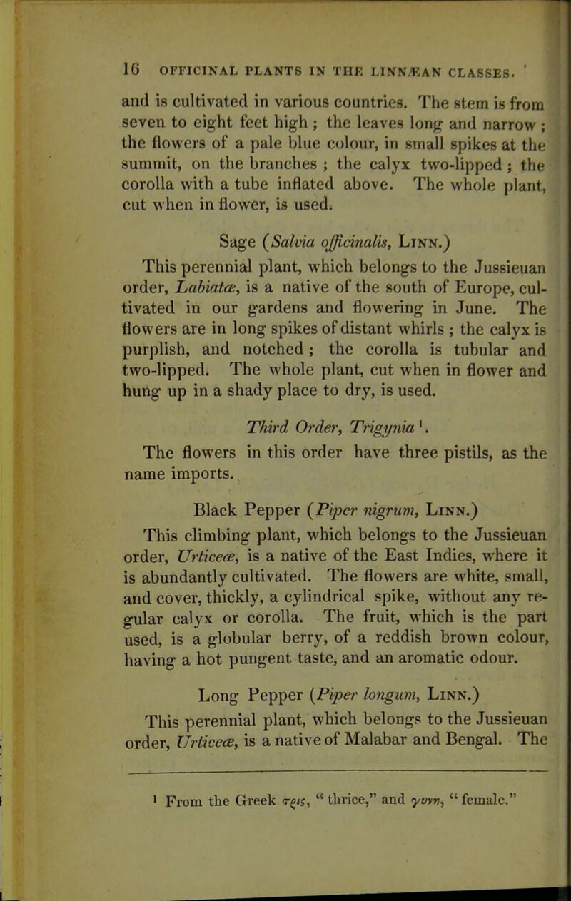 and is cultivated in various countries. The stem is from seven to eight feet high ; the leaves long and narrow ; the flowers of a pale blue colour, in small spikes at the summit, on the branches ; the calyx two-lipped; the corolla with a tube inflated above. The whole plant, cut when in flower, is used. Sage (Salvia officinalis, Linn.) This perennial plant, which belongs to the Jussieuan order, LabiatcB, is a native of the south of Europe, cul- tivated in our gardens and flowering in June. The flowers are in long spikes of distant whirls ; the calyx is purplish, and notched; the corolla is tubular and two-lipped. The whole plant, cut when in flower and hung up in a shady place to dry, is used. Third Order, Trigynia ', The flowers in this order have three pistils, as the name imports. Black Pepper {Piper nigrum. Linn.) This climbing plant, which belongs to the Jussieuan order, Urticece, is a native of the East Indies, where it is abundantly cultivated. The flowers are white, small, and cover, thickly, a cylindrical spike, without any re- gular calyx or corolla. The fruit, which is the part used, is a globular berry, of a reddish brown colour, having a hot pungent taste, and an aromatic odour. Long Pepper (Piper longum. Linn.) This perennial plant, which belongs to the Jussieuan order, Urticeae, is a native of Malabar and Bengal. The