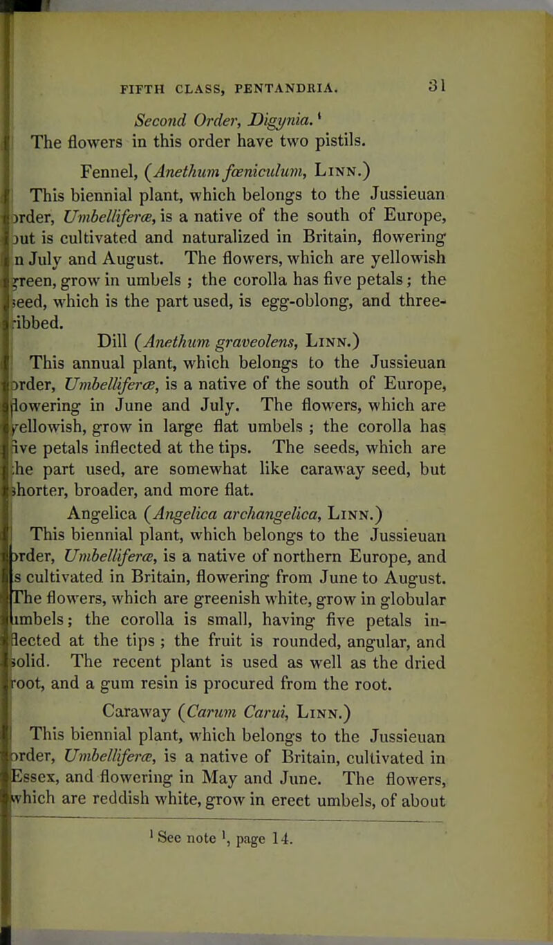 Second Order, Digynia.' I The flowers in this order have two pistils. \ Fennel, (Anethum fosniculum, Linn.) This biennial plant, which belongs to the Jussieuan )rder, UmbcllifercB, is a native of the south of Europe, )Ut is cultivated and naturalized in Britain, flowering n July and August. The flowers, which are yellowish jreen, grow in umbels ; the corolla has five petals; the leed, which is the part used, is egg-oblong, and three- •ibbed, ; Dill (^Anethiim graveolens, Linn.) This annual plant, which belongs to the Jussieuan >rder, UmbellifercB, is a native of the south of Europe, lowering in June and July. The flowers, which are rellowish, grow in large flat umbels ; the corolla has ive petals inflected at the tips. The seeds, which are he part used, are somewhat like caraway seed, but (horter, broader, and more flat. Angelica (^Angelica archangelica, Linn.) This biennial plant, which belongs to the Jussieuan >rder, Umbelliferce, is a native of northern Europe, and s cultivated in Britain, flowering from June to August. uhe flowers, which are greenish white, grow in globular iiinbels; the corolla is small, having five petals in- Iccted at the tips ; the fruit is rounded, angular, and ~nlid. The recent plant is used as well as the dried •ot, and a gum resin is procured from the root. Caraway (^Carum Carui, Linn.) This biennial plant, which belongs to the Jussieuan ii iler, Umbelliferce, is a native of Britain, cultivated in I>sex, and flowering in May and June. The flowers, Inch are reddish white, grow in erect umbels, of about