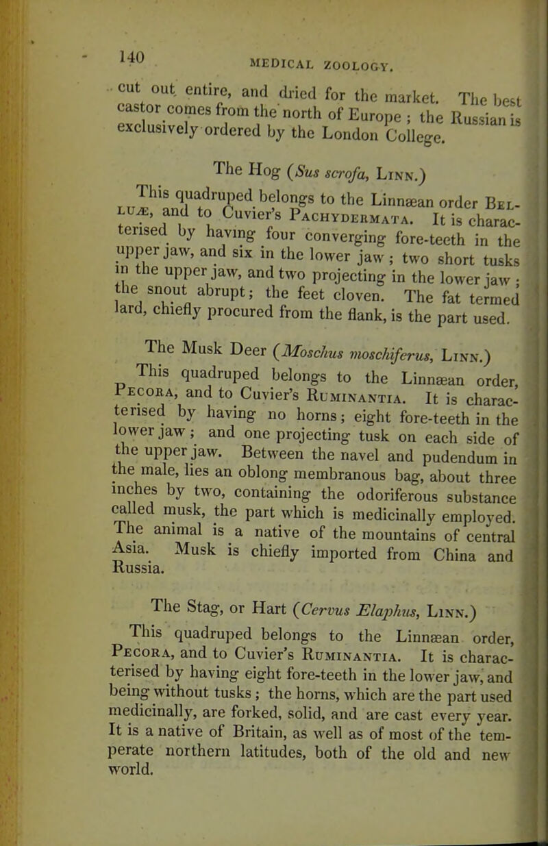 cut out entire, and diled for the market. The be^i cas or comes from the north of Europe ; the Russian i exclusively ordered by the London College. The Hog (Sus scrofa, Linn.) Lu^, and to Cuvier's Pachydekmata. It is charac- terised by having four converging fore-teeth in the upper jaw, and six in the lower jaw ; two short tusks in the upper jaw, and two projecting in the lower jaw ■ the snout abrupt; the feet cloven. The fat termed lard, chiefly procured from the flank, is the part used. The Musk Deer {Moschus mosckiferus, Utiy.) This quadruped belongs to the Linnsan order, Pecora, and to Cuvier's Ruminantia. It is charac- terised by having no horns; eight fore-teeth in the lower jaw; and one projecting tusk on each side of the upper jaw. Between the navel and pudendum in the male, lies an oblong membranous bag, about three inches by two, containing the odoriferous substance ^lled musk, the part which is medicinally employed. The animal is a native of the mountains of central Asia. Musk is chiefly imported from China and Russia. The Stag, or Hart (Cervus Elaphus, Linn.) This quadruped belongs to the Linnsean order, Pecora, and to Cuvier's Ruminantia. It is charac- terised by having eight fore-teeth in the lower jaw, and being without tusks; the horns, w^hich are the part used medicinally, are forked, solid, and are cast every year. It is a native of Britain, as well as of most of the tem- perate northern latitudes, both of the old and new world.