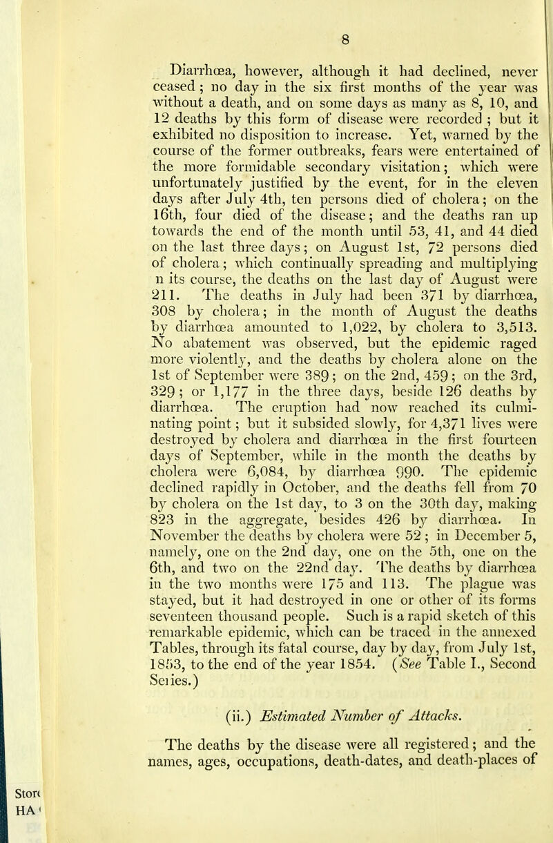 Diarrhoea, however, although it had declined, never ceased ; no day in the six first months of the year was without a death, and on some days as many as 8, 10, and 12 deaths by this form of disease were recorded ; but it exhibited no disposition to increase. Yet, warned by the course of the former outbreaks, fears w^re entertained of the more formidable secondary visitation; which were unfortunately justified by the event, for in the eleven days after July 4th, ten persons died of cholera; on the 16th, four died of the disease; and the deaths ran up towards the end of the month until 53, 41, and 44 died on the last three days; on August 1st, 72 persons died of cholera; which continually spreading and multiplying n its course, the deaths on the last day of August were 211, The deaths in July had been 371 by diarrhoea, 308 by cholera; in the month of August the deaths by diarrhoea amounted to 1,022, by cholera to 3,513. No abatement was observed, but the epidemic raged more violentlj', and the deaths by cholera alone on the 1st of September were 389; on the 2nd, 459; on the 3rd, 329 ; or 1,177 in the three days, beside 126 deaths by diarrhoea. The eruption had now reached its culmi- nating point; but it subsided slowly, for 4,371 lives were destroyed by cholera and diarrhoea in the first fourteen days of September, while in the month the deaths by cholera were 6,084, by diarrhoea 990. The epidemic declined rapidly in October, and the deaths fell from 70 by cholera on the 1st day, to 3 on the 30th day, making 823 in the aggregate, besides 426 by diarrhoea. In November the deaths by cholera were 52 ; in December 5, namely, one on the 2nd day, one on the 5th, one on the 6th, and two on the 22nd day. The deaths by diarrhoea in the two months were 175 and 113. The plague was stayed, but it had destroyed in one or other of its forms seventeen thousand people. Such is a rapid sketch of this remarkable epidemic, which can be traced in the annexed Tables, through its fatal course, day by day, from July 1st, 1853, to the end of the year 1854. {See Table I., Second Seiies.) (ii.) Estimated Number of Attacks. The deaths by the disease were all registered; and the names, ages, occupations, death-dates, and death-places of