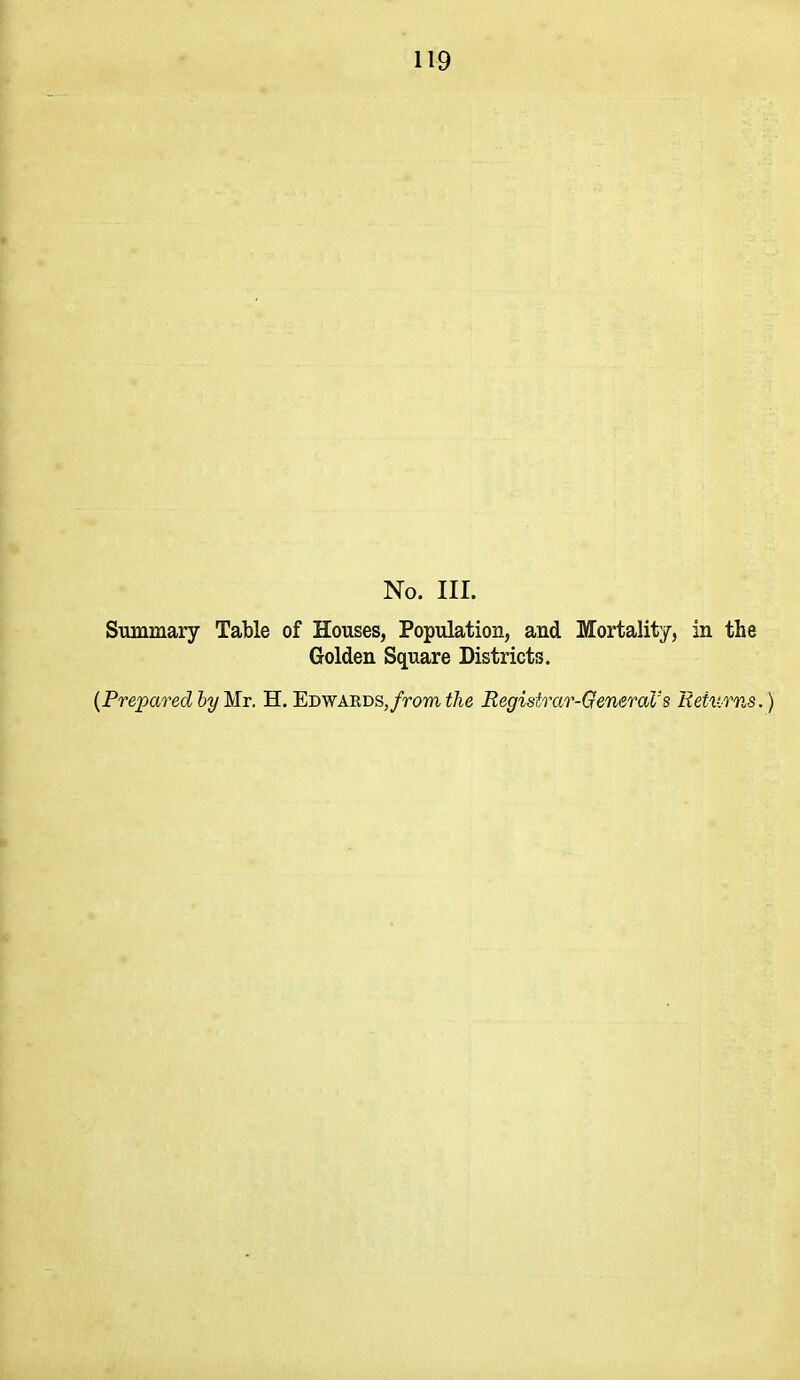 No. III. Summary Table of Houses, Population, and Mortality, in the Golden Square Districts. {Prepared by Mr. H. Edwards,/rom ^/le Regidrar-QeneraVs Returns.)
