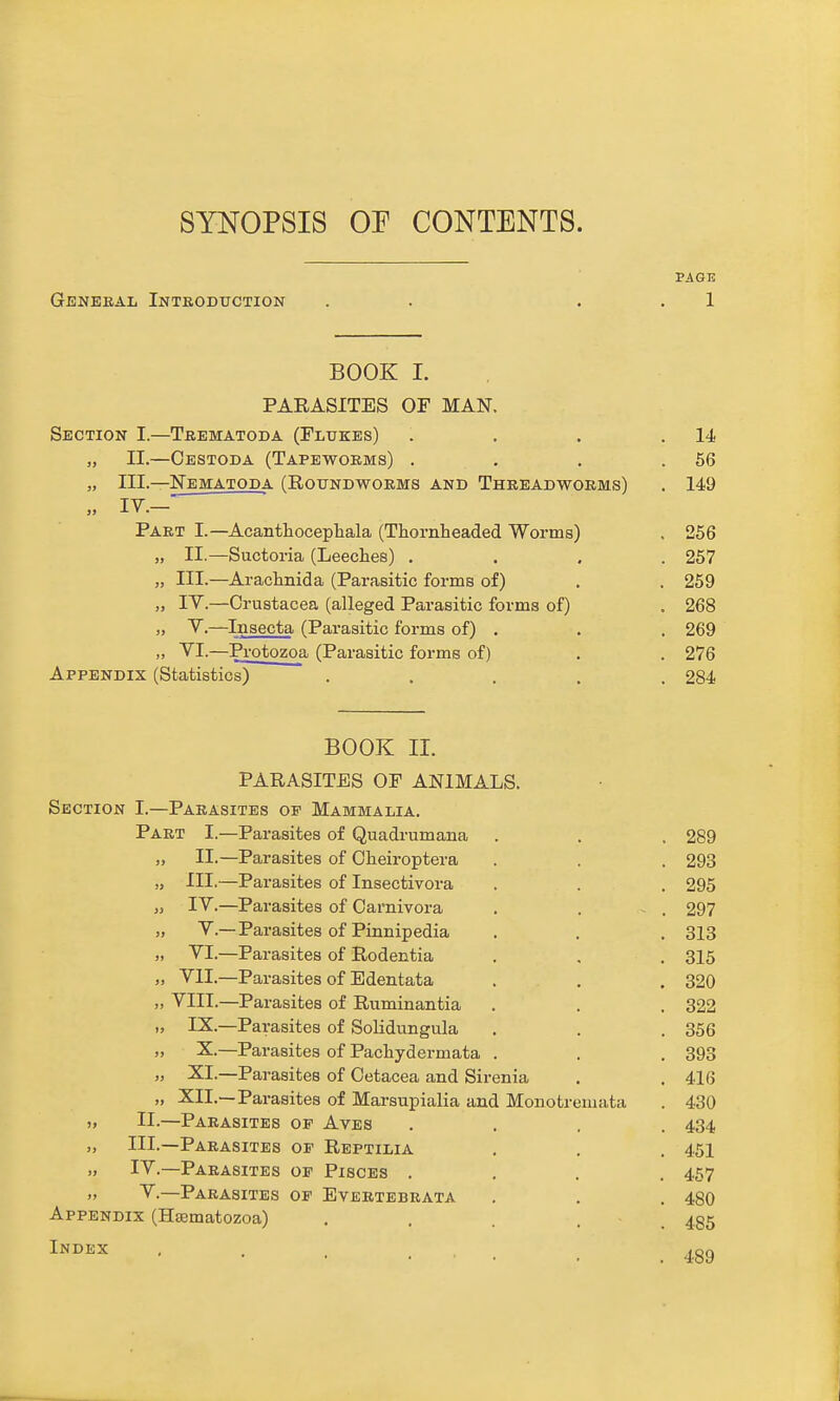 SYNOPSIS OF CONTENTS. PAGE General Introduction . . . . 1 BOOK L PARASITES or MAN. Section I.—Tbematoda (Flukes) . . . .14 „ II.—Oestoda (Tapeworms) . . . .56 „ III.—Nematoda (Roundworms and Threadworms) . 149 „ IV.- Part I.—Acanthocepliala (Thornheaded Worms) . 256 „ II.—Suctoria (Leeches) .... 257 „ III.—Arachnida (Parasitic forms of) . . 259 „ lY.—Crustacea (alleged Parasitic forms of) . 268 V.—Insecta (Parasitic forms of) . . . 269 „ VI.—Protozoa (Parasitic forme of) . . 276 Appendix (Statistics) ..... 284 BOOK II. PARASITES OP ANIMALS. Section I.—Parasites op Mammalia. Part I.—Parasites of Quadrumana . . . 289 „ II.—Parasites of Olieiroptera . . . 293 „ III.—Parasites of Insectivora . . . 295 ,y IV.—Parasites of Oarnivora . . ^ , 297 „ v.—Parasites of Pinnipedia . . . 313 ). VI.—Parasites of Rodentia . , . 315 „ VII.—Parasites of Edentata . , . 320 ;j VIII.—Parasites of Ruminantia . . , 322 » IX.—Parasites of Solidungula . . . 356 » X.—Parasites of Pachydermata . . . 393 » XI.—Parasites of Cetacea and Sirenia . . 416 „ XII.—Parasites of Marsupialia and Monotremata . 430 >. II.—Parasites op Ayes .... 434 III.—Parasites of Reptilia . . . 451 >' IV.—Parasites of Pisces .... 457 » V.—Parasites op Evertebrata , . . 480 Appendix (Hrematozoa) . . . . . 485 . .489