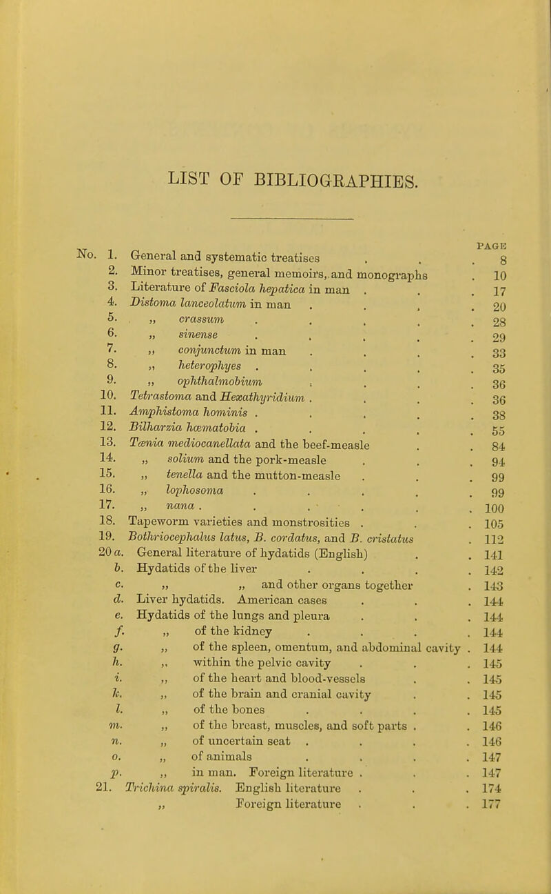 LIST OF BIBLIOGRAPHIES. No. 1. General and svstematiV, t.rpafiKPC! PAG 13 o o 2. ^ J-^ uAOCio, gCilCloil liJLtJLQUlI o,. cilia. iiioilOffrHipiis 10 3. vv^j. ^ X'tCfOUt/Ct/Wf fCCfJLivt/VlA/ in TTi RIl • 17 4. JJXStO'iYid ljn/Yi,(\ff)lnilifm in man 20 5. ), CVdSSUVl 6. 7. <t COTLllLTinf.tl'yy}. in mnn oo 66 8, 35 9. •. o© fl, nh'i ^ J 7i% Of? Ob 10. TetrastoTYia and SexctthyridiuTu do 11. Amphistoma hominis . QQ OO 12. Silharzia hcematohia , 00 13. TcBTlict 7yieflioc(i7}.p.Ilnf,n. artel f.TiP T^paF moool/a OA o4 14. .* soliuwi and filip ■nnTlr-mpncilp y4 15. yy 16. „ lophosoma .... QQ 17. 1 r\(\ 18, TaTDeworm varieties and iTionstirnsifipH lUO 19. Both^'iocevhalus latus. JB cordatua and 7? rrivfrihia no 20 a. General literature of liydatids (Englisli) b. Hydatids of the Uver 142 c. >, „ and other organs together . 145 cl. Liver hydatids. Amei'ican cases . 144 e. Hydatids of the lungs and pleura 144 f- „ of the kidney 144 g- „ of the spleen, omentum, and abdominal cavity 144 h. „ within the pelvic cavity 145 i. ,, of the heart and blood-vessels 145 h. „ of the brain and cranial cavity 145 I. „ of the bones 145 m. „ of the breast, muscles, and soft parts , 146 n. „ of uncertain seat . . . . 146 0. „ of animals . . . . 147 V- ,, in man. Foreign literature . 147 21. Trichina spiralis. English literature 174 „ foreign literature 177