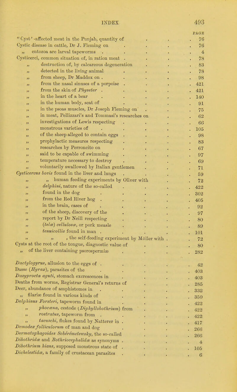 PAGE  Cyst' -affected meat in the Pnnjalb, quantity of . , .76 Cystic disease iu cattle, Dr J. Fleming on . . . .76 „ entozoa are larval tapeworms . . . . .4 Cysticerci, common situation of, in ration meat . . . .78 „ destruction of, by calcareous degeneration . . .83 „ detected in the living animal . . . .78 „ fi'om sheep, Dr Maddox on , . . . .98 „ from the nasal sinuses of a porpoise .... 421 „ from the skin of Physeter . . • , , 421 „ in the heart of a bear ..... 140 „ in the human body, seat of . . . .91 „ in the psoas muscles, Dr Joseph Fleming on' . . .75 „ in meat, Pellizzari's and Tommasi's researches on . .62 „ investigations of Lewis respecting . . . .66 „ monstrous varieties of . , . . . 105 „ of the sheep alleged to contain eggs . . . .98 „ prophylactic measm'es respecting . . , .83 „ researches by Perroncito on , ... .67 „ said to be capable of swimming . . . .97 „ temperature necessary to destroy , . . .69 „ voluntarily swallowed by Italian gentlemen . . .71 Cysticercus bovis found in the liver and lungs . , . .59 human feeding experiments by Oliver with . . 72 „ delphini, nature of the so-called ..... 422 „ found in the dog • . . . . 302 „ from the Eed River hog ..... 405 „ in the brain, cases of . . . . .92 „ of the sheep, discovery of the . . . .97 „ report by Dr NeiU respecting . . . .80 „ {telce) celhiloscB, or pork measle . . . .89 „ tenuicollis found in man ..... 101 , the self-feeding experiment by Moller with . . 72 Cysts at the root of the tongue, diagnostic value of . . .80 „ of the liver containing psorospermise .... 282 Dactylogyrus, allusion to the eggs of . . . . .42 Dasse {Hyrax), parasites of the • • . . . 403 Dasyprocta aguti, stomach excrescences in . . . . 403 Deaths from worms, Registrar General's returns of , . , 285 Deer, abundance of amphistomes in . , . . ^ 332 „ filarije found in various kinds of .... 350 Delphinus Forsteri, tapeworm found in ... , 422 „ phocmna, cestode (Diphyllobothrium) from . . . 422 „ rostratus, tapeworm from .... 422 „ tacuschi, flukes found by Natterer in . . . . 4^7 Demodex foUiculorum of man and dog . . . 266 JDermatophagoides ScMremetewshy, the so-called , . . 266 DihothridcB and Bothriocephalida as synonyms ... 4 Bibothrium Idans, supposed monstrous state of . . . 105 Dichelestidce, a family of crustacean parasites . . . .6
