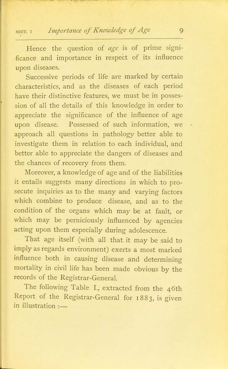 Hence the question of age is of prime signi- ficance and importance in respect of its influence upon diseases. Successive periods of life are marked by certain characteristics, and as the diseases of each period have their distinctive features, we must be in posses- sion of all the details of this knowledge in order to appreciate the significance of the influence of age upon disease. Possessed of such information, we approach all questions in pathology better able to investigate them in relation to each individual, and better able to appreciate the dangers of diseases and the chances of recovery from them. Moreover, a knowledge of age and of the liabilities it entails suggests many directions in which to pro- secute inquiries as to the many and varying factors which combine to produce disease, and as to the condition of the organs which may be at fault, or which may be perniciously influenced by agencies acting upon them especially during adolescence. That age itself (with all that it may be said to imply as regards environment) exerts a most marked influence both in causing disease and determining mortality in civil life has been made obvious by the records of the Registrar-General. The following Table I., extracted from the 46th Report of the Registrar-General for 1883, is given in illustration :—