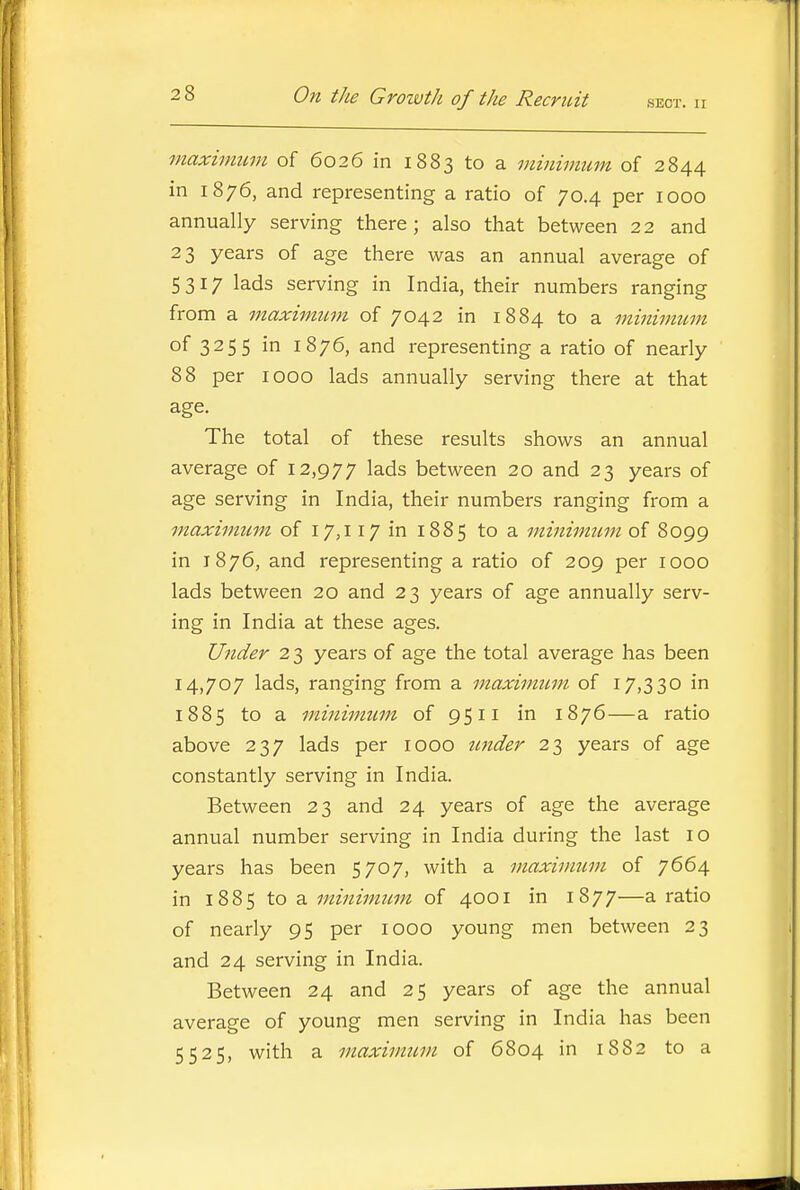 maximum of 6026 in 1883 to a minimum of 2844 in 1876, and representing a ratio of 70.4 per 1000 annually serving there; also that between 22 and 23 years of age there was an annual average of 5317 lads serving in India, their numbers ranging from a maximum of 7042 in 1884 to a minimum of 3255 in 1876, and representing a ratio of nearly 88 per 1000 lads annually serving there at that age. The total of these results shows an annual average of 12,977 l^ds between 20 and 23 years of age serving in India, their numbers ranging from a maxhmcm of 17,117 in 1885 to a minimum of 8099 in 1876, and representing a ratio of 209 per 1000 lads between 20 and 23 years of age annually serv- ing in India at these ages. Under 2 3 years of age the total average has been 14,707 lads, ranging from a maximiLm of 17,330 in 1885 to a minimum of 9511 in 1876—a ratio above 237 lads per 1000 under 23 years of age constantly serving in India. Between 23 and 24 years of age the average annual number serving in India during the last 10 years has been 5707, with a maximum of 7664 in 1885 to a minimum of 4001 in 1877—^ r?i.\Xo of nearly 95 per 1000 young men between 23 and 24 serving in India. Between 24 and 25 years of age the annual average of young men serving in India has been 5525, with a maximum of 6804 in 1882 to a