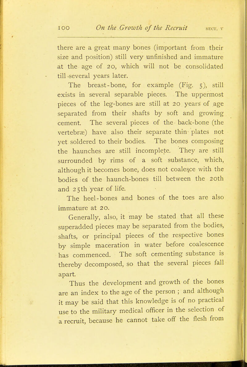 there are a great many bones (important from their size and position) still very unfinished and immature at the age of 20, which will not be consolidated till -several years later. The breast-bone, for example (Fig. 5), still exists in several separable pieces. The uppermost pieces of the leg-bones are still at 20 years of age separated from their shafts by soft and growing cement. The several pieces of the - back-bone (the vertebrae) have also their separate thin- plates not yet soldered to their bodies. The bones composing the haunches are still incomplete. They are still surrounded by rims of a soft substance, which, although it becomes bone, does not coales.ce with the bodies of the haunch-bones till between the 20th and 25 th year of life. The heel-bones and bones of the toes are also immature at 20. Generally, also, it may be stated that all these superadded pieces may be separated from the bodies, shafts, or principal pieces of the respective bones by simple maceration in water before coalescence has commenced. The soft cementing substance is thereby decomposed, so that the several pieces fall apart. Thus the development and growth of the bones are an index to the age of the person ; and although it may be said that this knowledge is of no practical use to the military medical officer in the selection of a recruit, because he cannot take off the flesh from