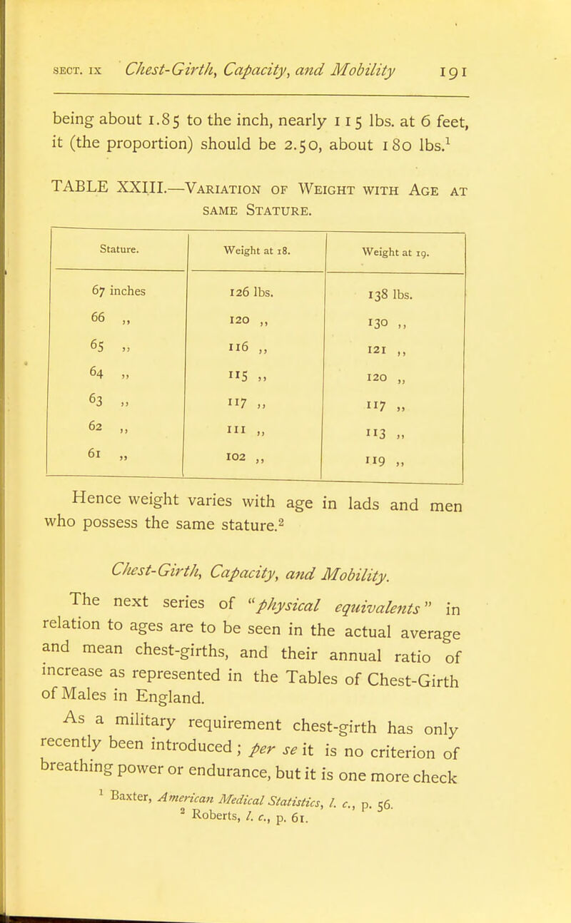 being about 1.85 to the inch, nearly 115 lbs. at 6 feet, it (the proportion) should be 2.50, about 180 Ibs.^ TABLE XXIII.—Variation of Weight with Age at SAME Stature. Stature. Weight at i8. 1 Weight at ig. 67 inches 126 lbs. 138 lbs. 66 „ 120 ,, 130 65 n6 „ 121 ,, 64 „ 5 120 „ 63 „ 7 „ 7 62 III „ 113 „ 61 „ 102 „ 9 „ Hence weight varies with age in lads and men who possess the same stature.^ Chest-Girth, Capacity, and Mobility. The next series of ''physical equivalents in relation to ages are to be seen in the actual average and mean chest-girths, and their annual ratio of increase as represented in the Tables of Chest-Girth of Males in England. As a military requirement chest-girth has only recently been introduced; per se it is no criterion of breathing power or endurance, but it is one more check 1 Baxter, Americaft Medical Statistics, I. c., p. 56. ^ Roberts, /. c, p. 6i.