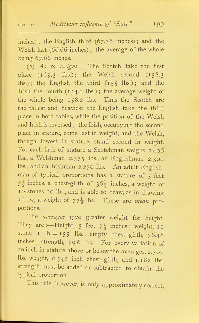 inches); the EngHsh third (67.36 inches); and the Welsh last (66.66 inches) ; the average of the whole being 6y.66 inches. (2) As to weight:—The Scotch take the first place (165.3 lbs.); the Welsh second (158.3 lbs.); the English the third (155 lbs.); and the Irish the fourth (154.i lbs.) ; the average weight of the whole being 158.2 lbs. Thus the Scotch are the tallest and heaviest, the English take the third place in both tables, while the position of the Welsh and Irish is reversed ; the Irish, occupying the second place in stature, come last in weight, and the Welsh, though lowest in stature, stand second in weight. For each inch of stature a Scotchman weighs 2.406 lbs., a Welshman 2.375 lbs., an Englishman 2.301 lbs., and an Irishman 2.270 lbs. An adult English- man of typical proportions has a stature of 5 feet y\ inches, a chest-girth of 36^ inches, a weight of I o stones i o lbs., and is able to draw, as in drawing a bow, a weight of 77^ lbs. These are mean pro- portions. The averages give greater weight for height. They are:—Height, 5 feet 7! inches; weight, 11 stone I lb.=:i55 lbs.; empty chest-girth, 36.46 inches ; strength, 79.6 lbs. For every variation of an inch in stature above or below the averages, 2.301 lbs. weight, 0.542 inch chest-girth, and 1.182 lbs. strength must be added or subtracted to obtain the typical proportion. This rule, however, is only approximately correct.